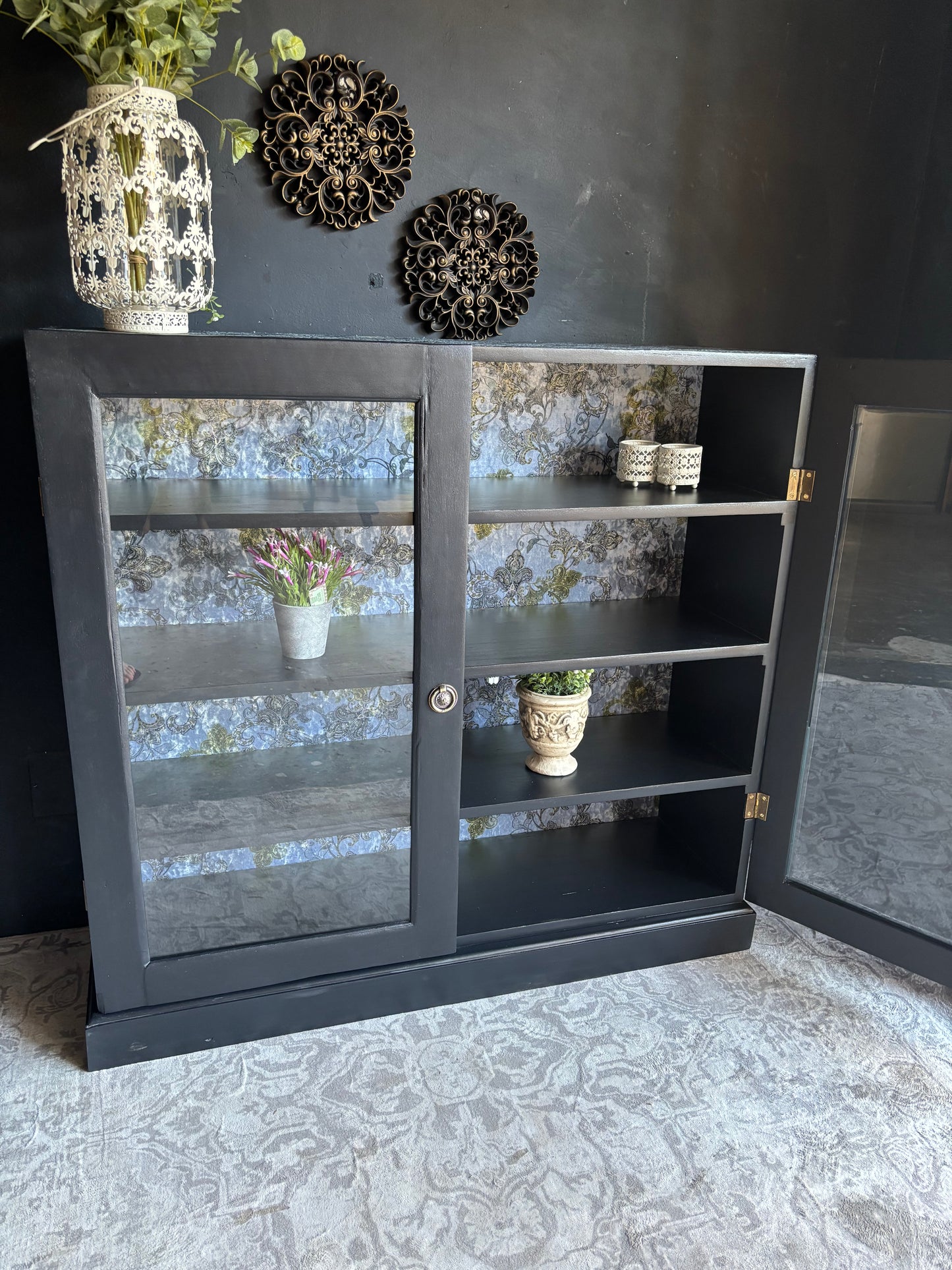Navy Display Cabinet with Grey Raised Stencil Pattern