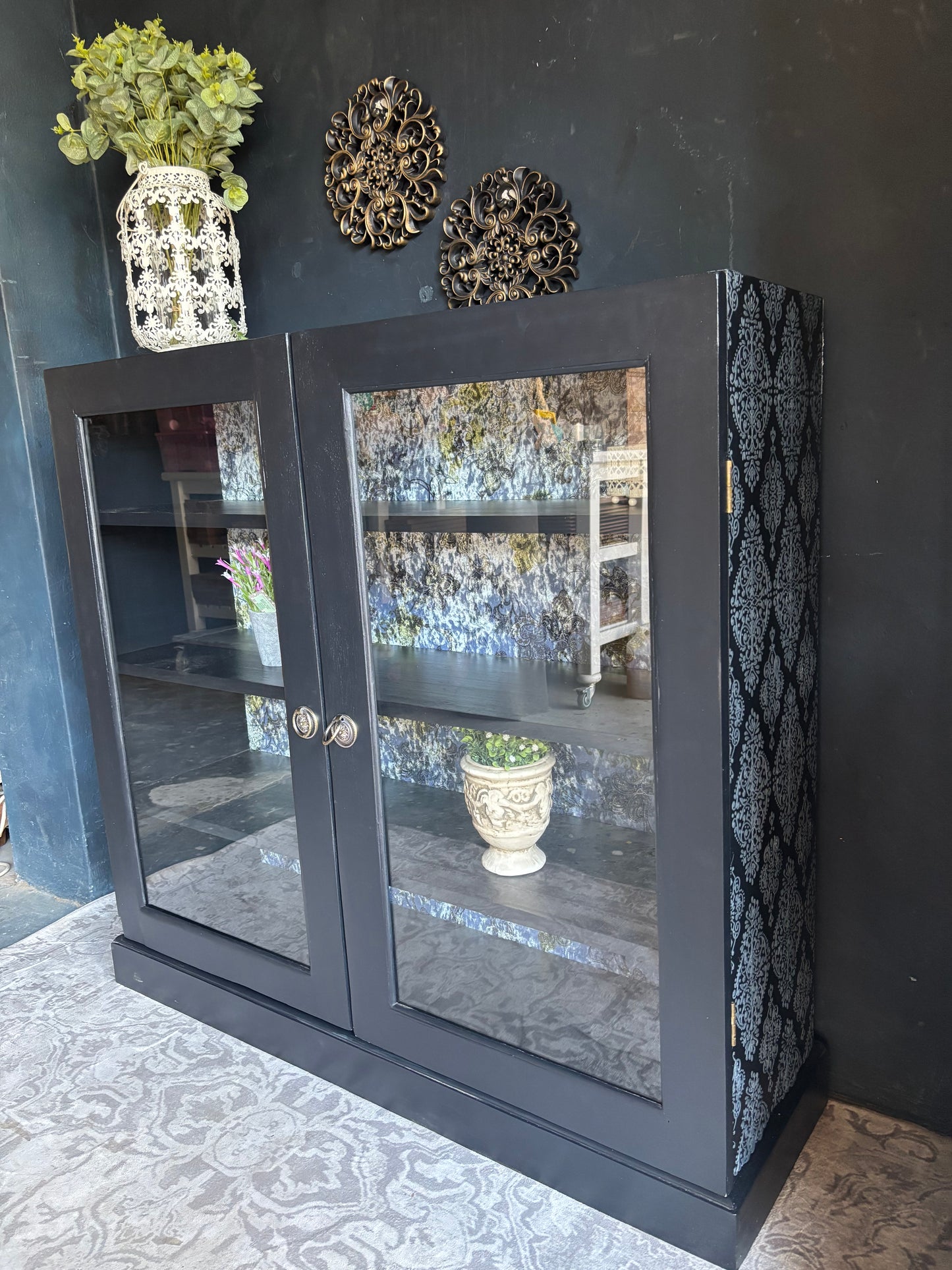 Navy Display Cabinet with Grey Raised Stencil Pattern