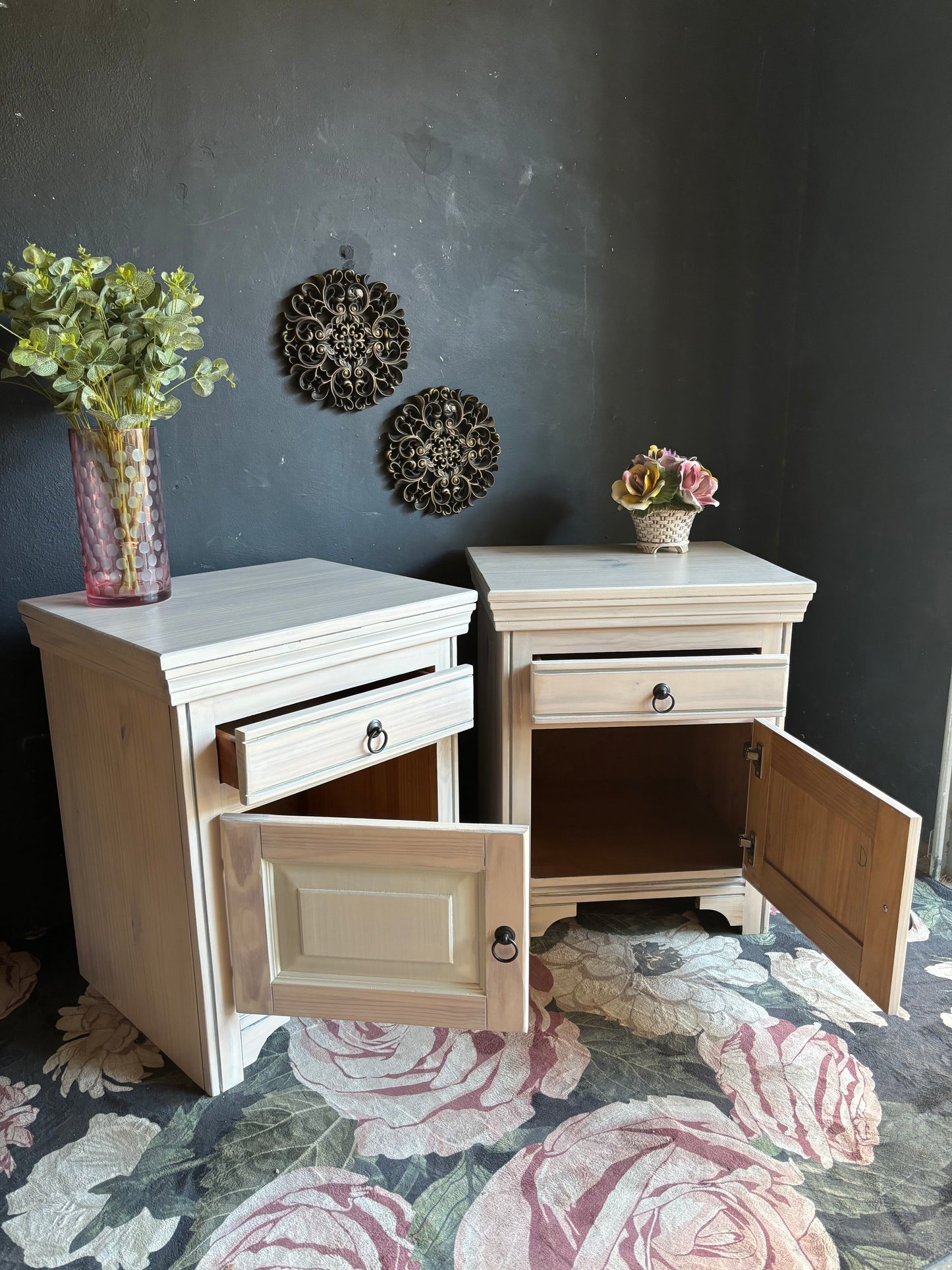 Pine Bedside Tables with Drawer and Cupboard