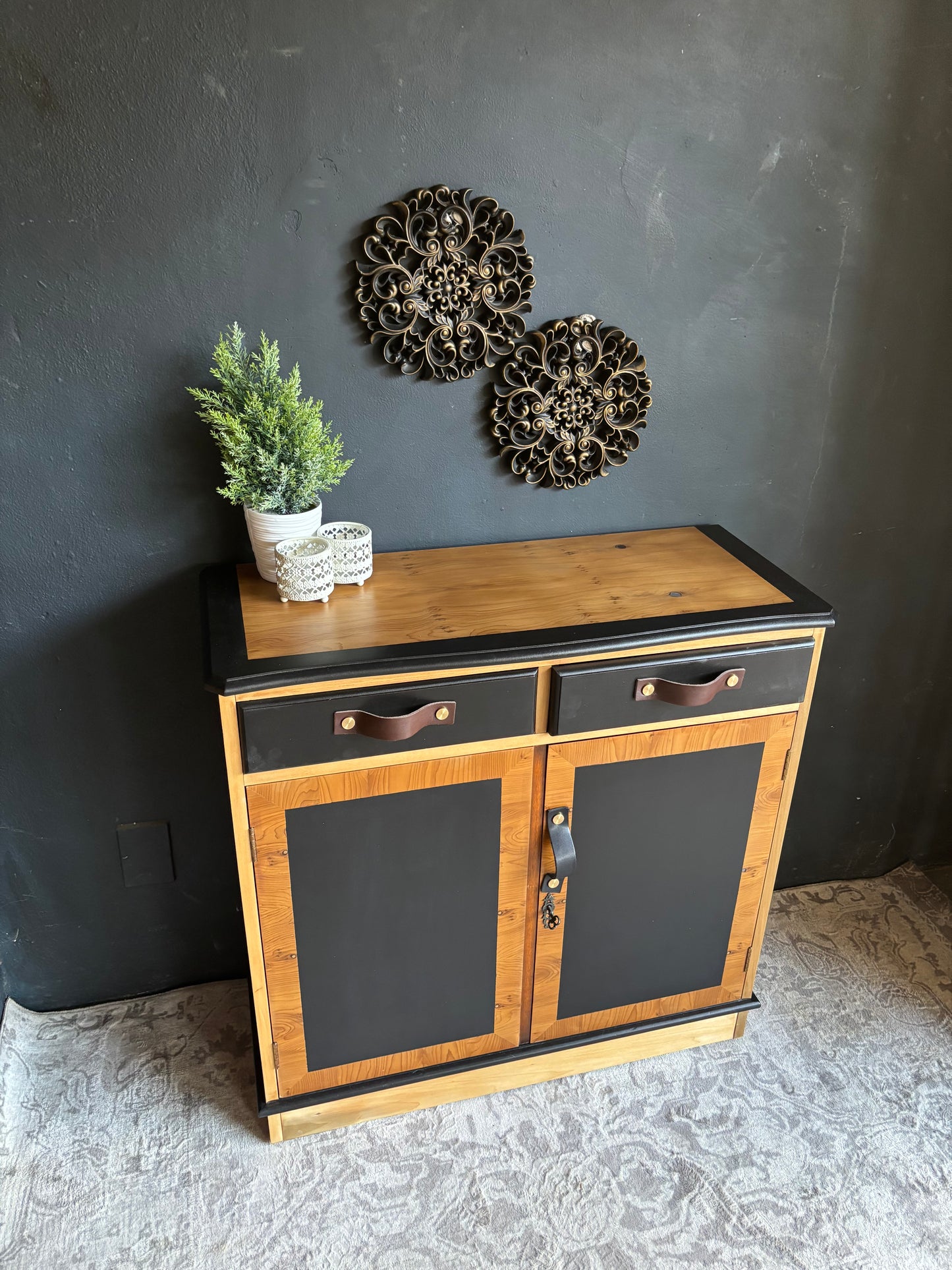 Two-Tone Cabinet with Leather Handles – Rustic Modern Charm