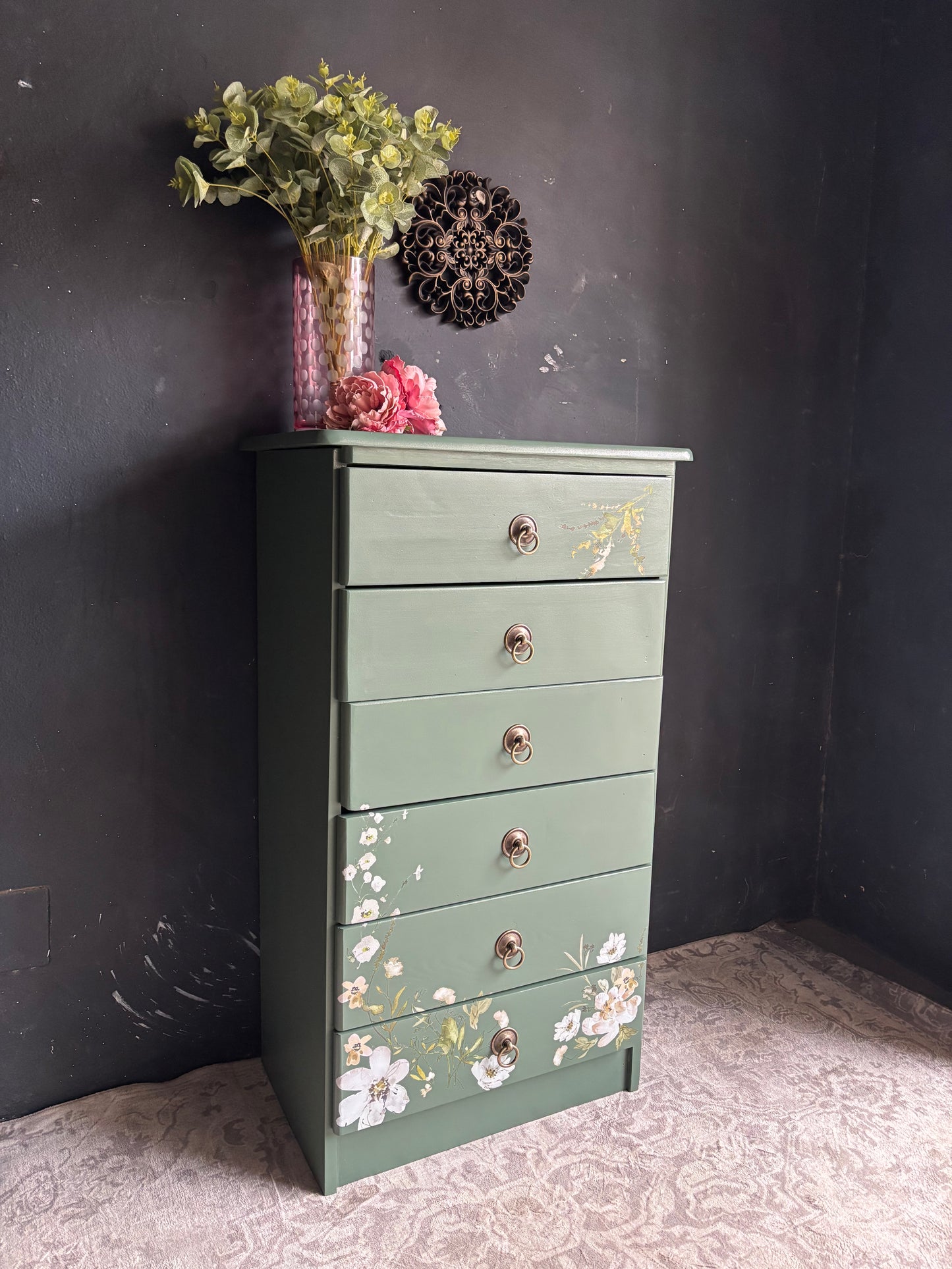 Floral Sage Green Tallboy Chest of Drawers