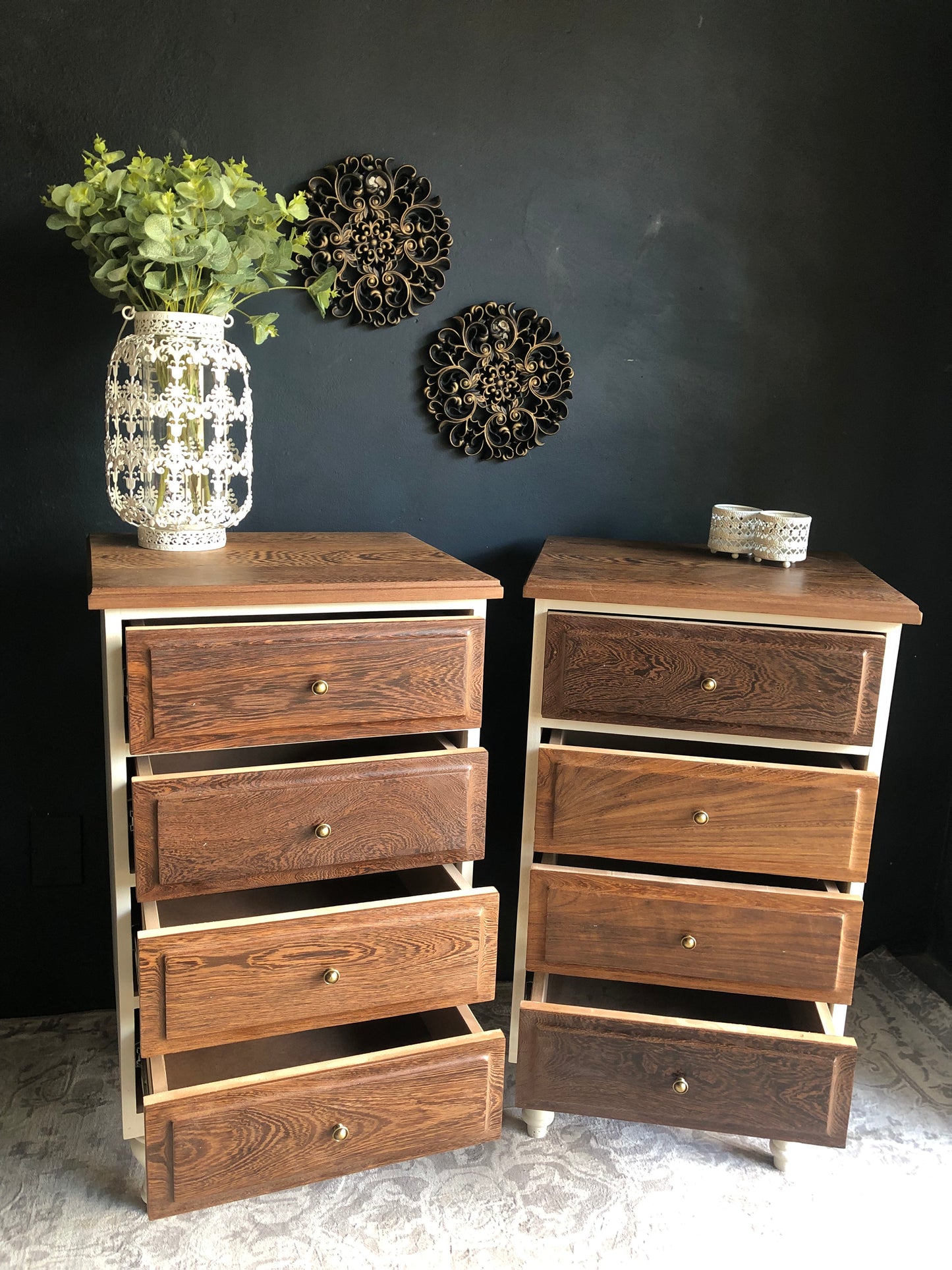 Pair of Tall 4-Drawer Bedside Chests – Solid Partridge Wood Tops & Drawer Fronts