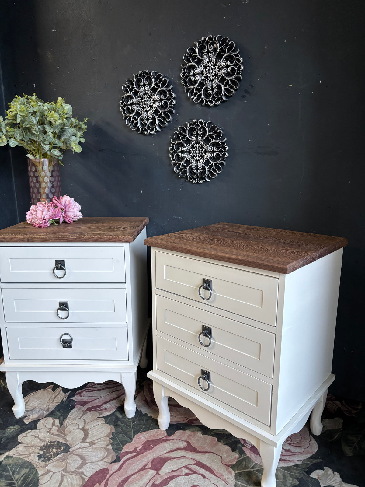 French Provincial Three-Drawer Bedside Tables with Solid Partridge Wood Tops