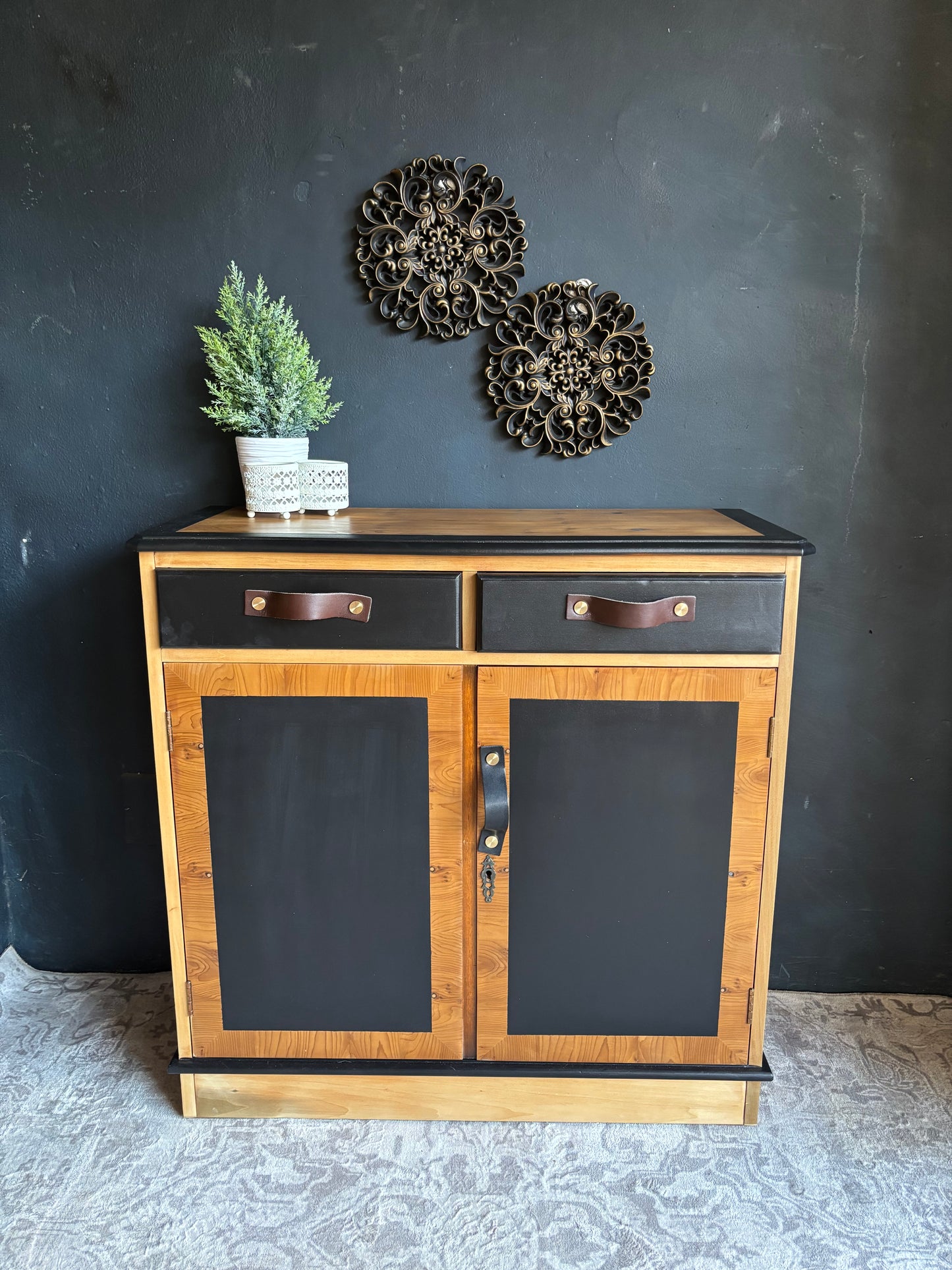 Two-Tone Cabinet with Leather Handles – Rustic Modern Charm