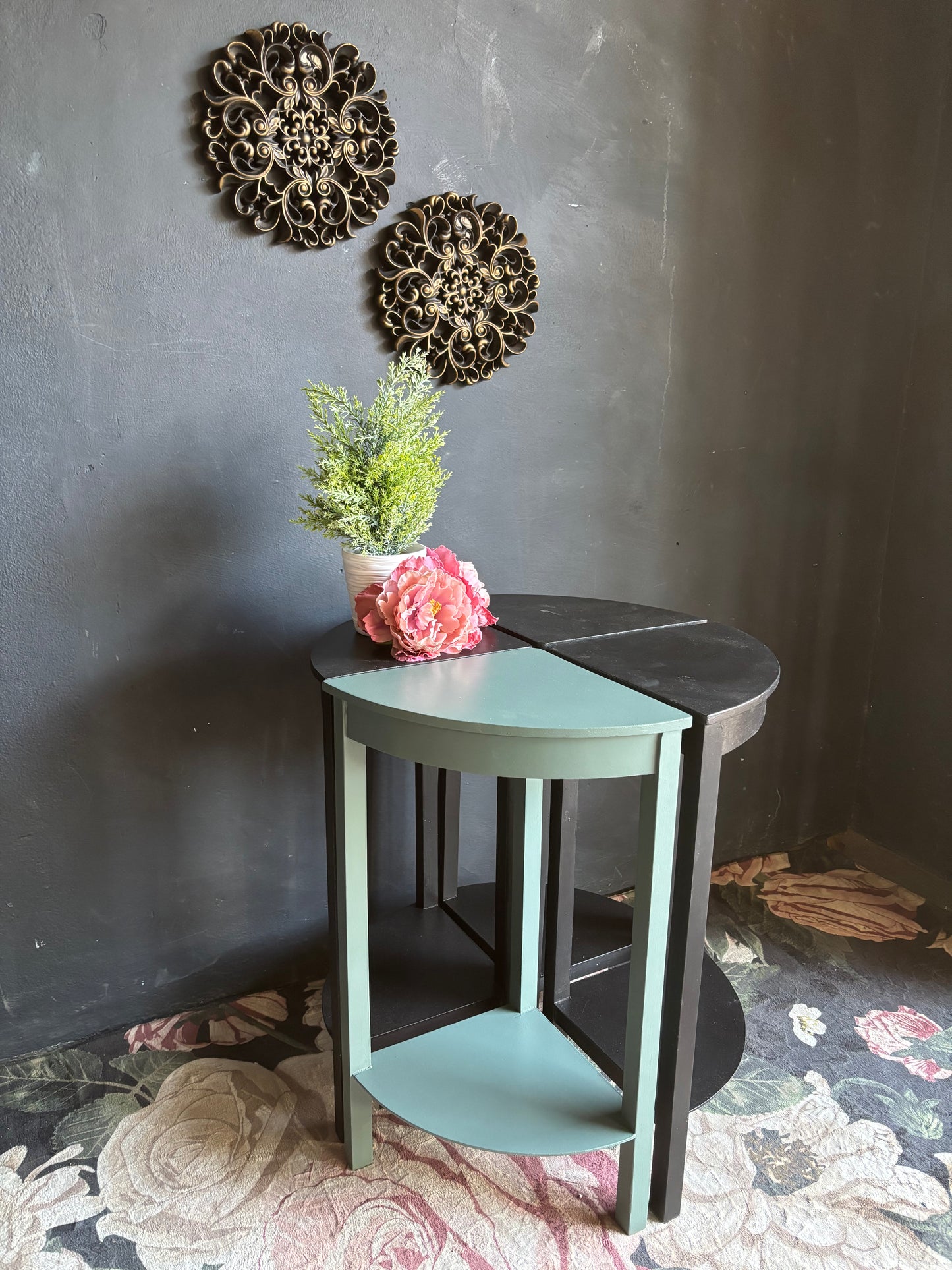 Black and Teal Circular Side Tables (Set of 4)