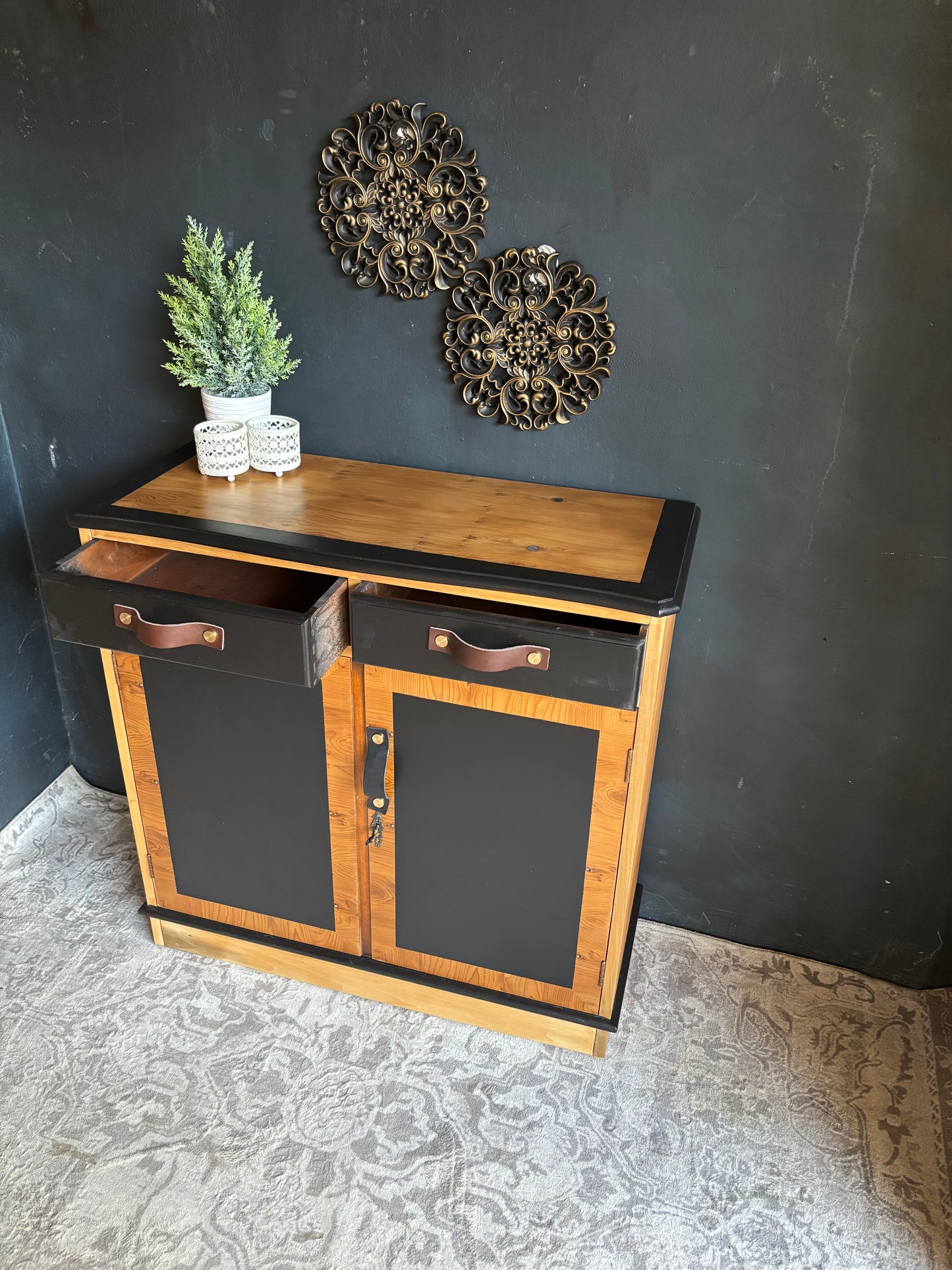 Two-Tone Cabinet with Leather Handles – Rustic Modern Charm