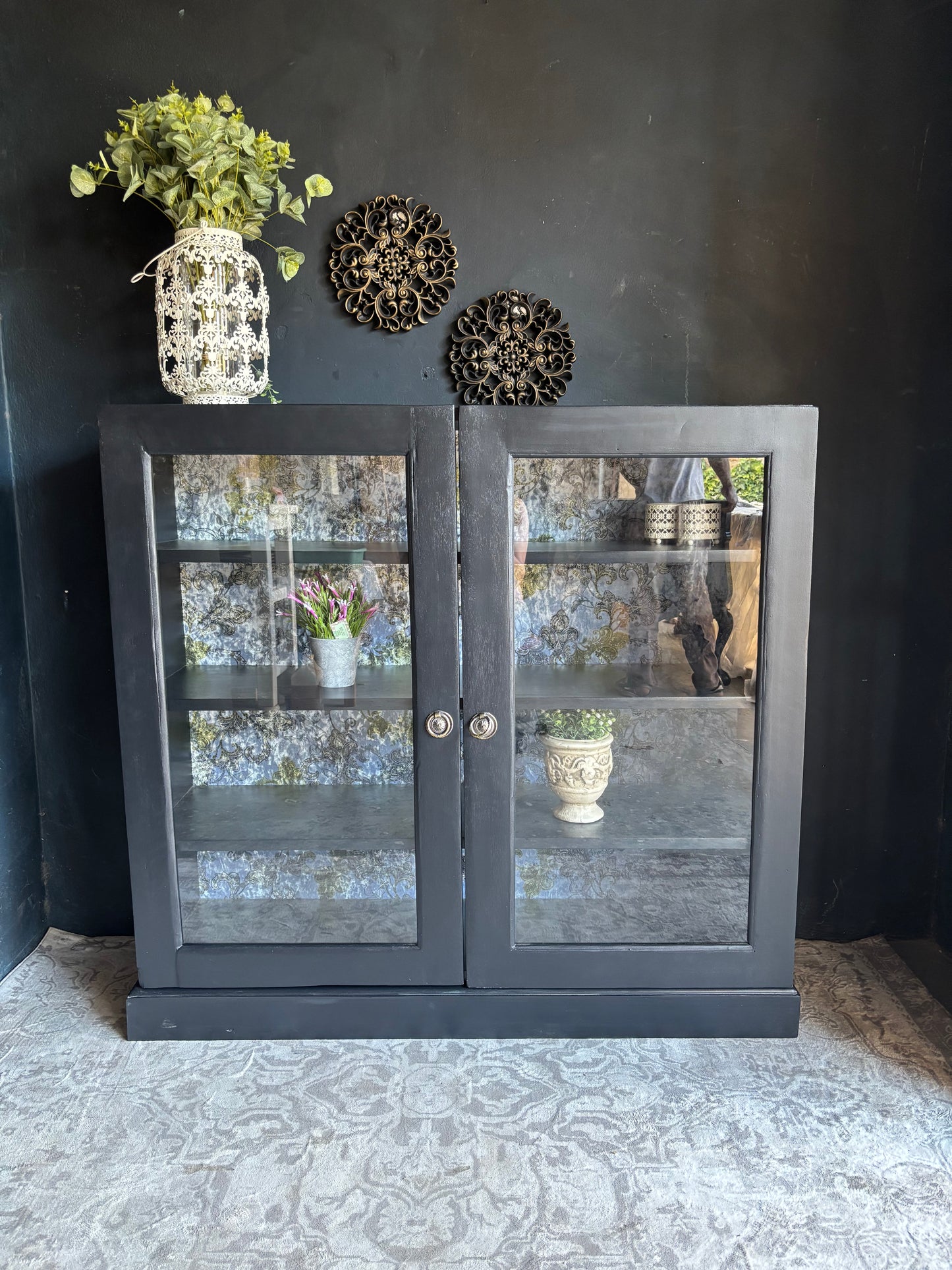 Navy Display Cabinet with Grey Raised Stencil Pattern