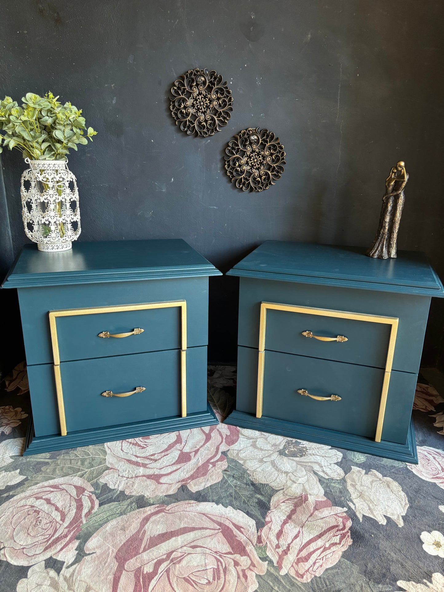 Teal & Gold Accent Bedside Tables (Set of 2)