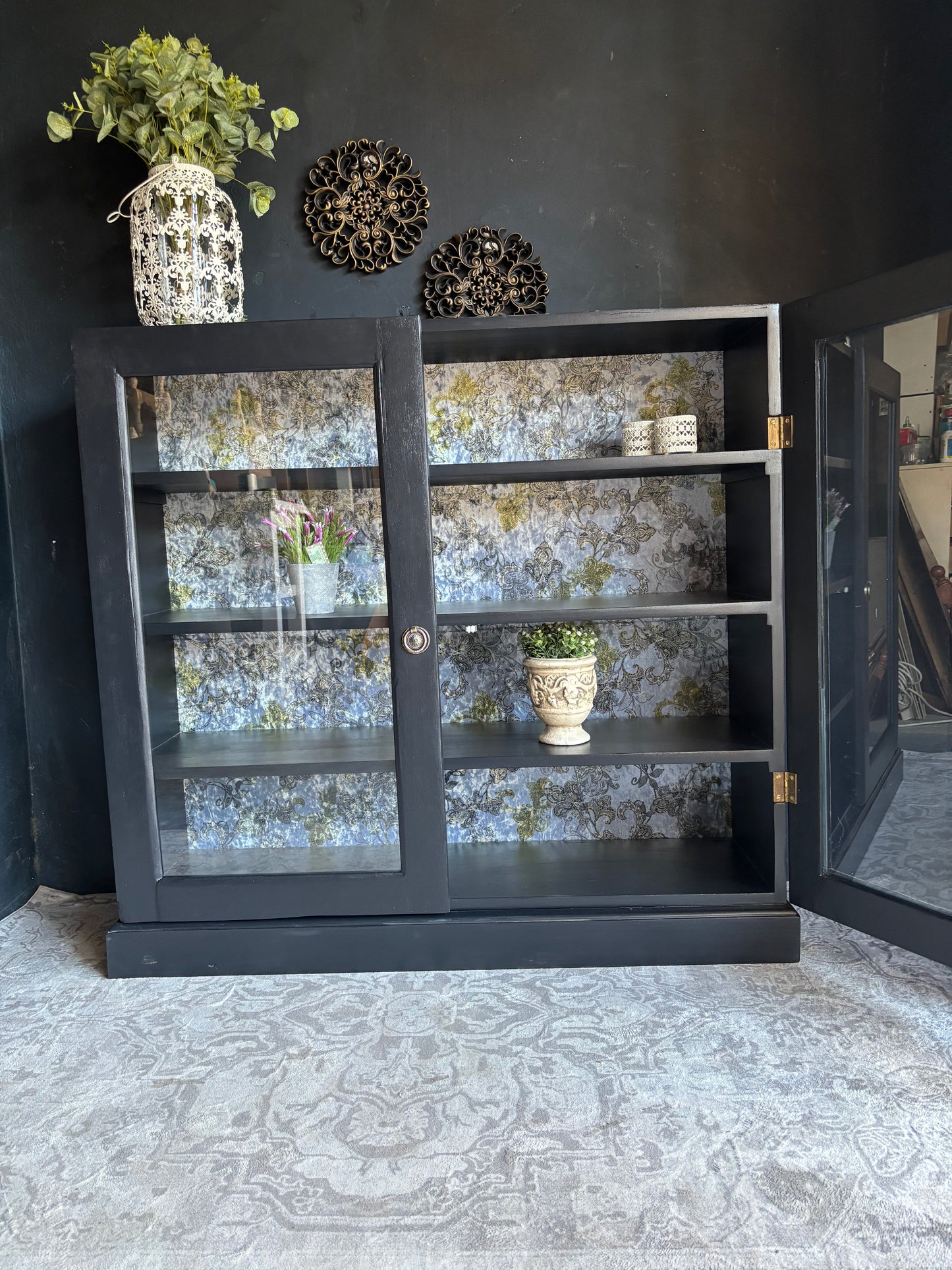 Navy Display Cabinet with Grey Raised Stencil Pattern