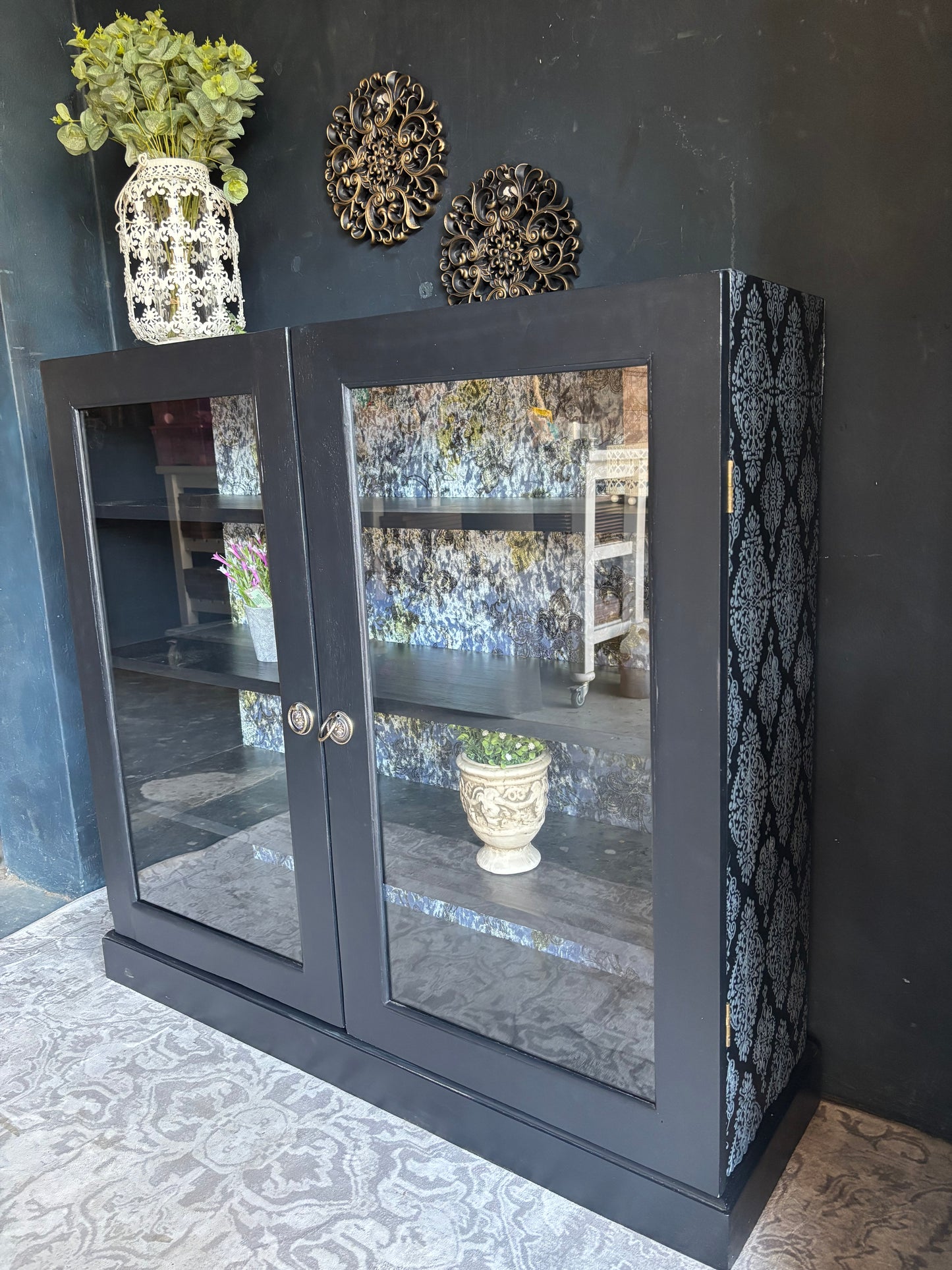 Navy Display Cabinet with Grey Raised Stencil Pattern