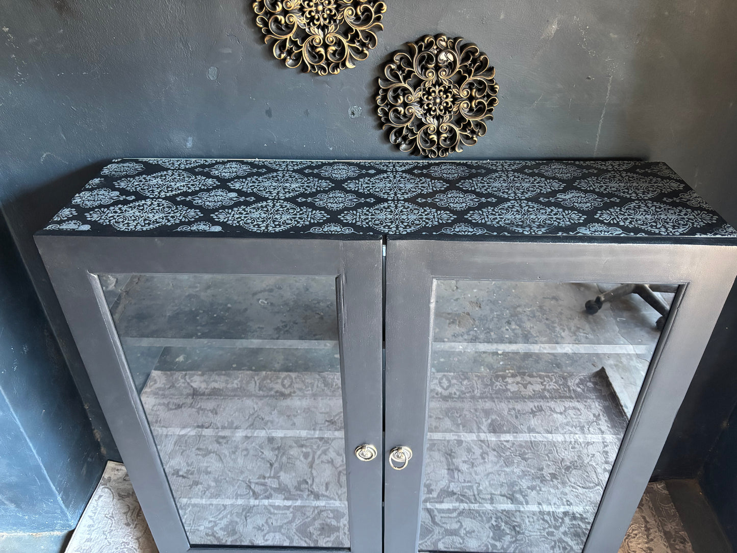 Navy Display Cabinet with Grey Raised Stencil Pattern