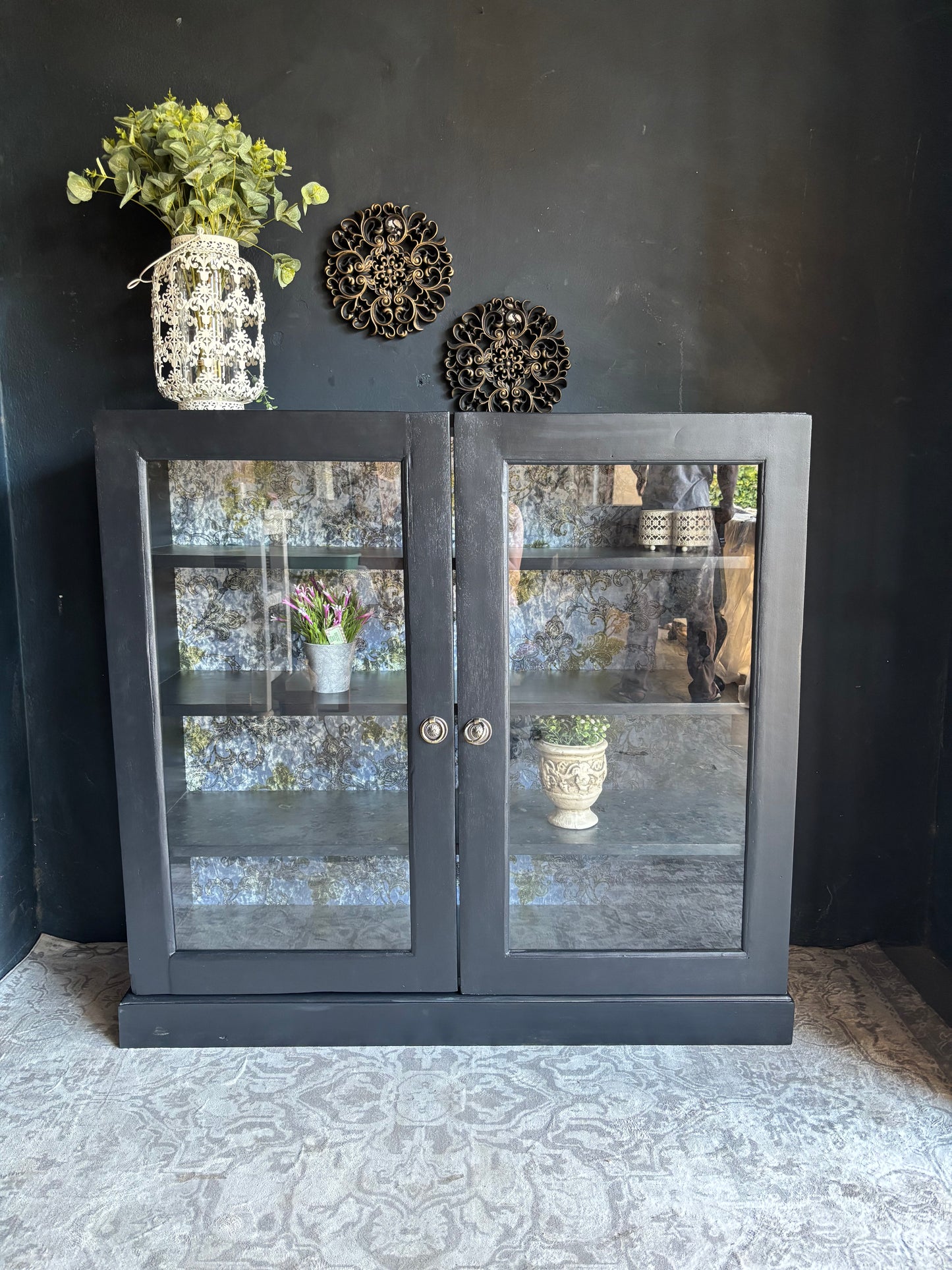 Navy Display Cabinet with Grey Raised Stencil Pattern