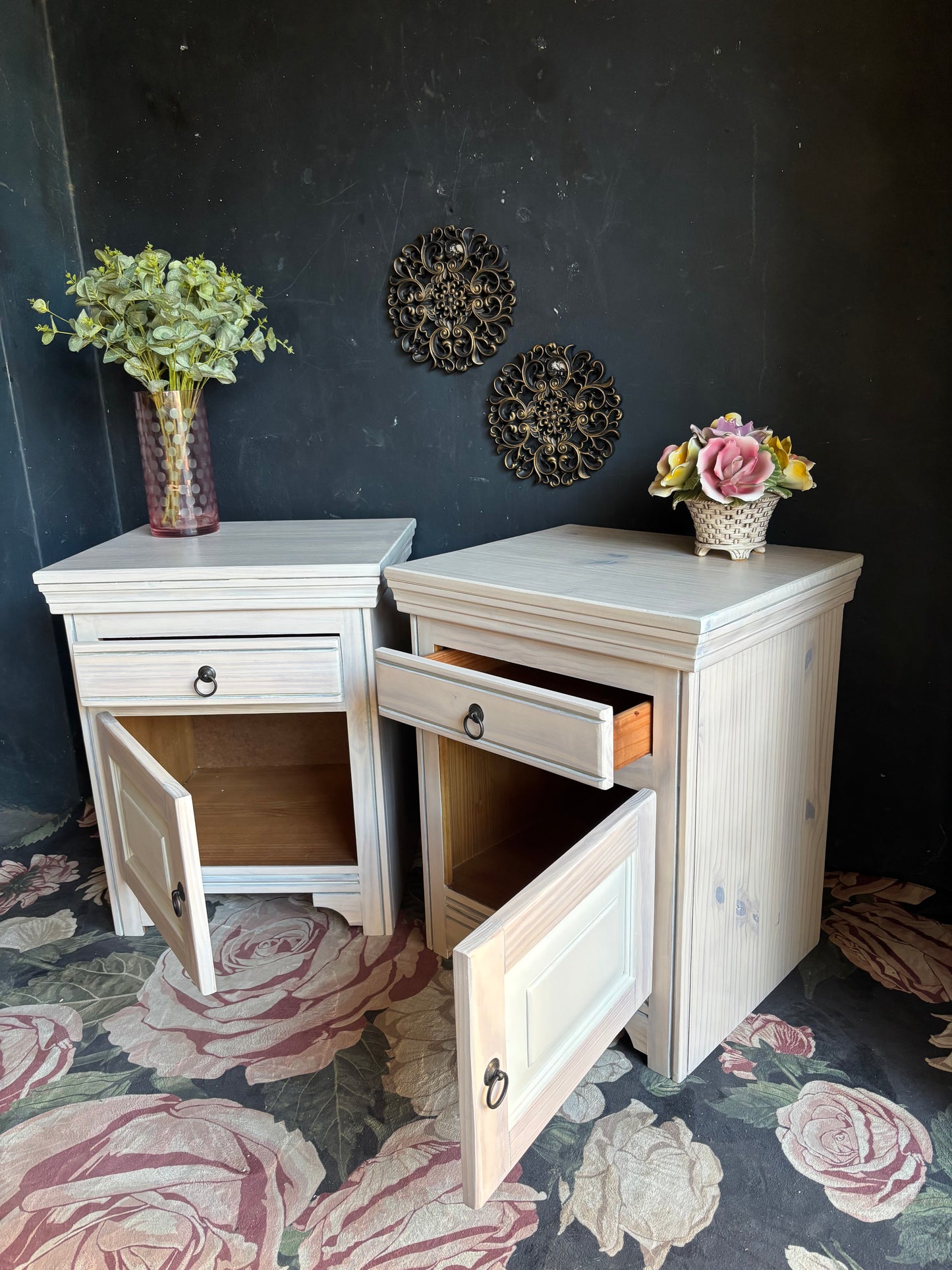 Pine Bedside Tables with Drawer and Cupboard