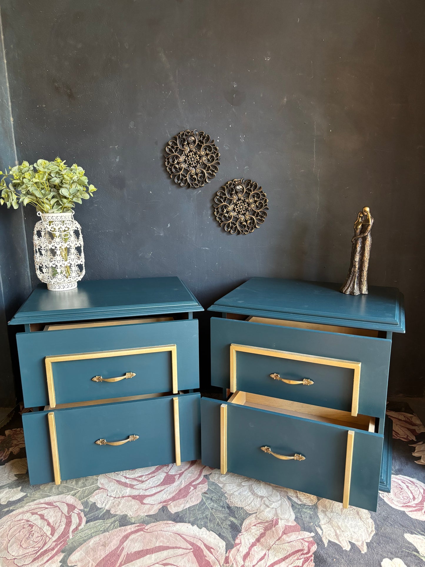 Teal & Gold Accent Bedside Tables (Set of 2)