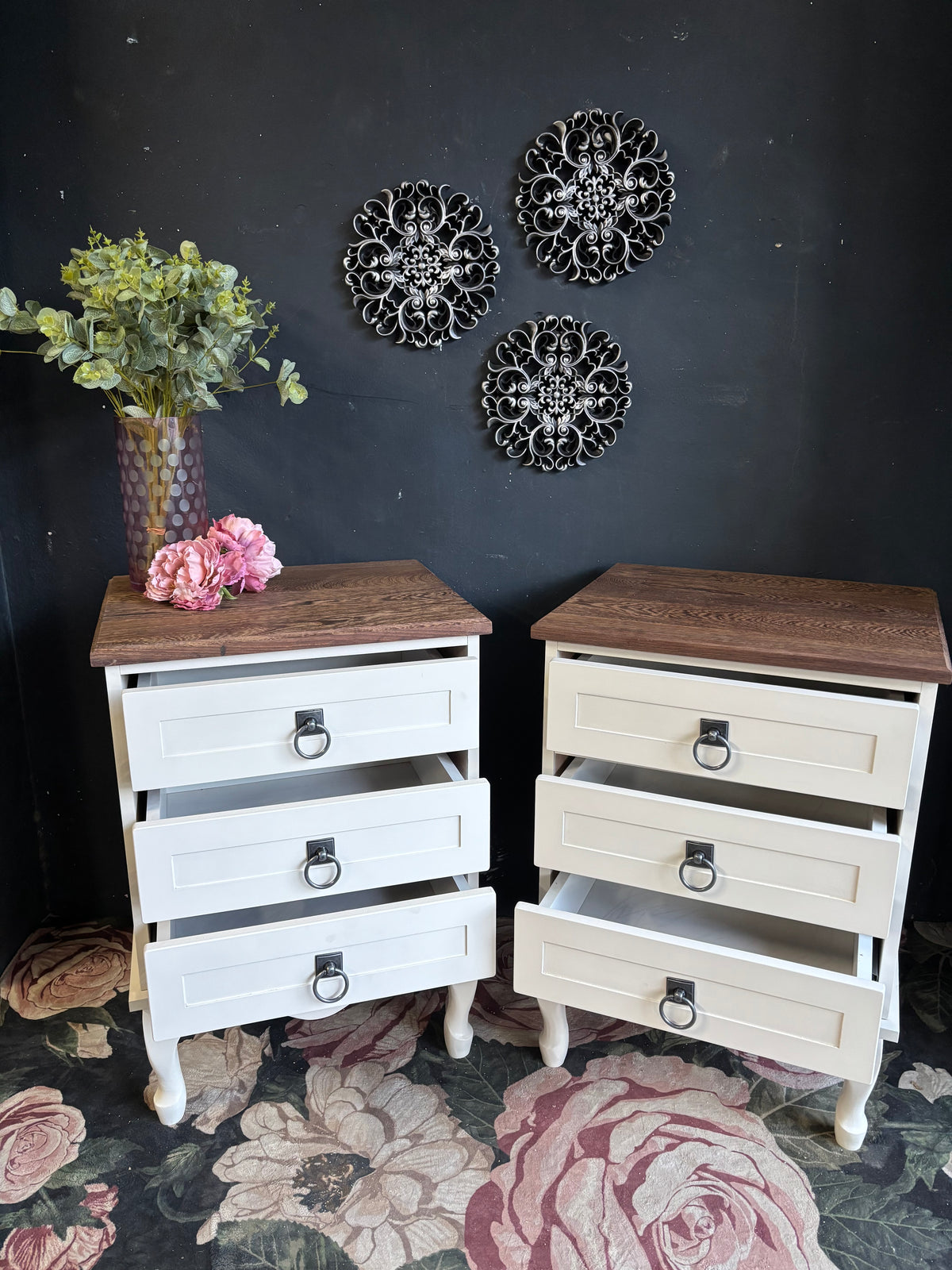 French Provincial Three-Drawer Bedside Tables with Solid Partridge Wood Tops