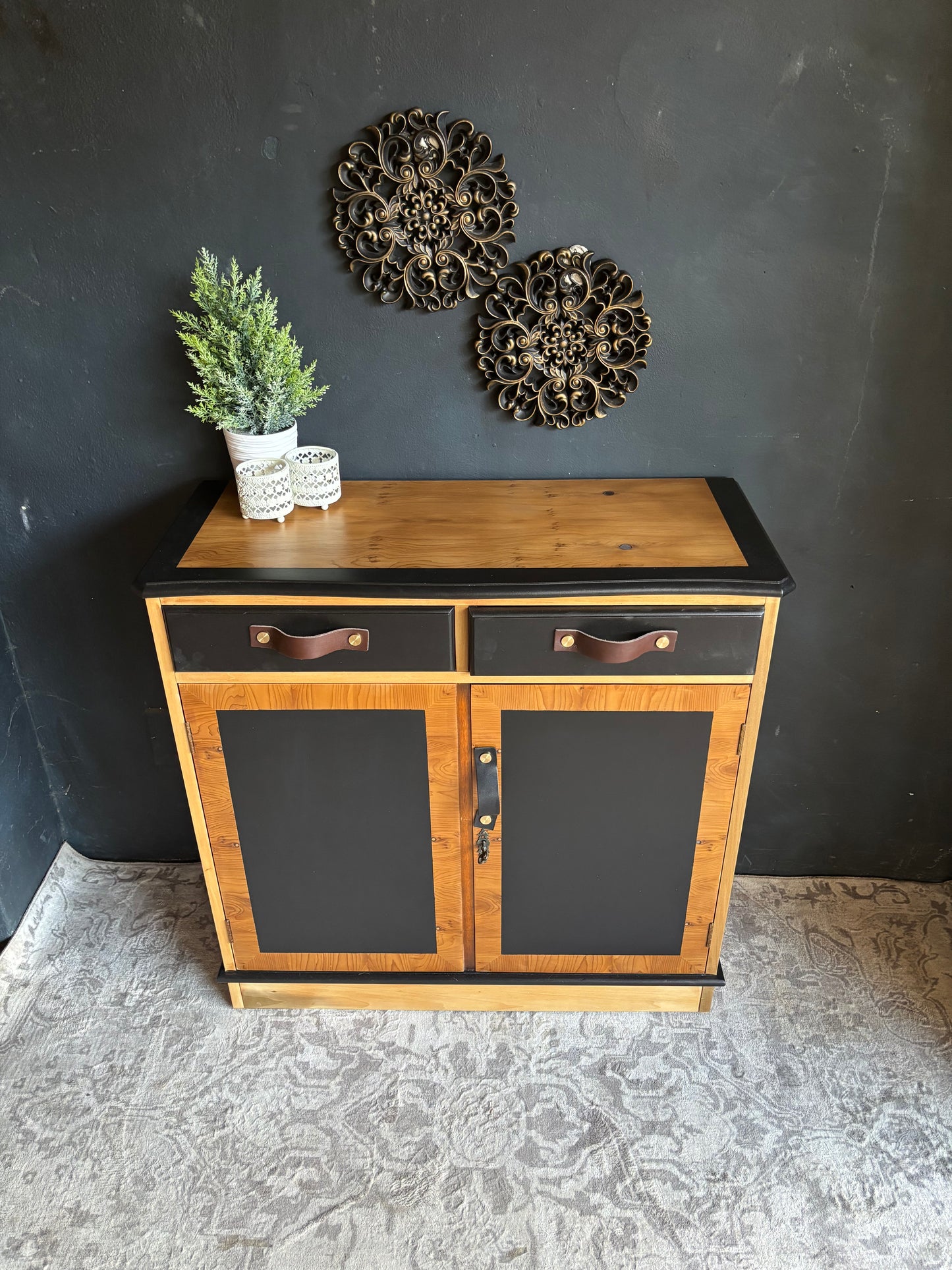 Two-Tone Cabinet with Leather Handles – Rustic Modern Charm