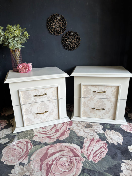 Elegant Oversized Cream Damask Nightstands (Set of 2)