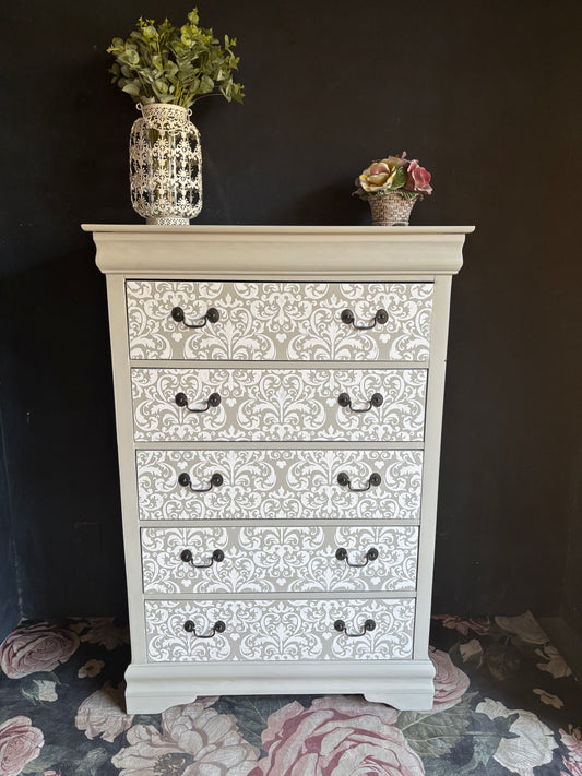 Tall Boy Chest of Drawers with Raised Stencil