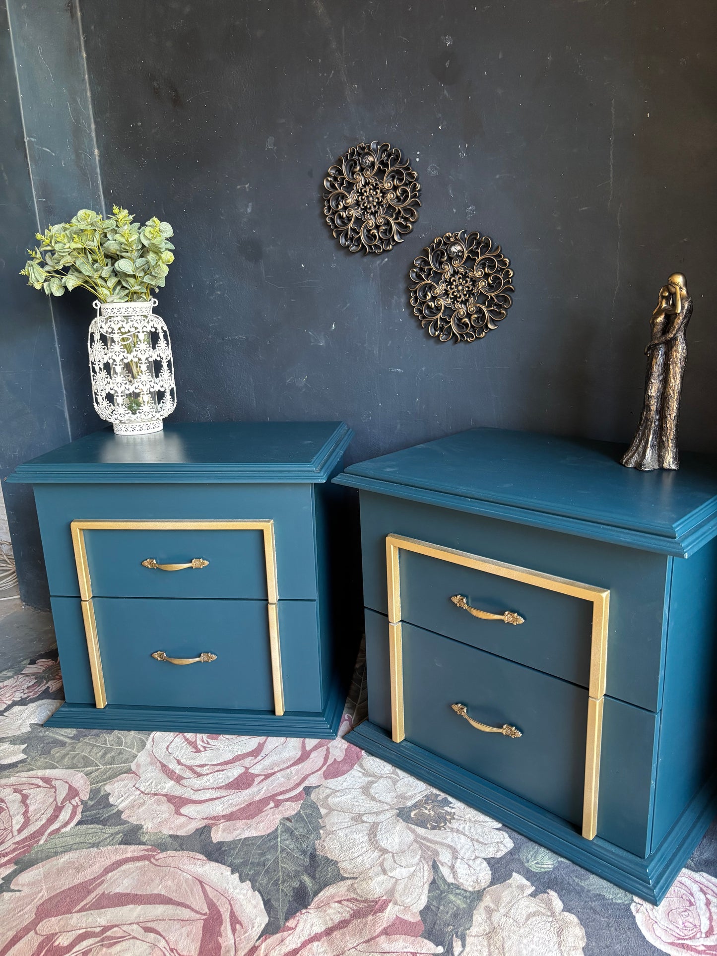 Teal & Gold Accent Bedside Tables (Set of 2)