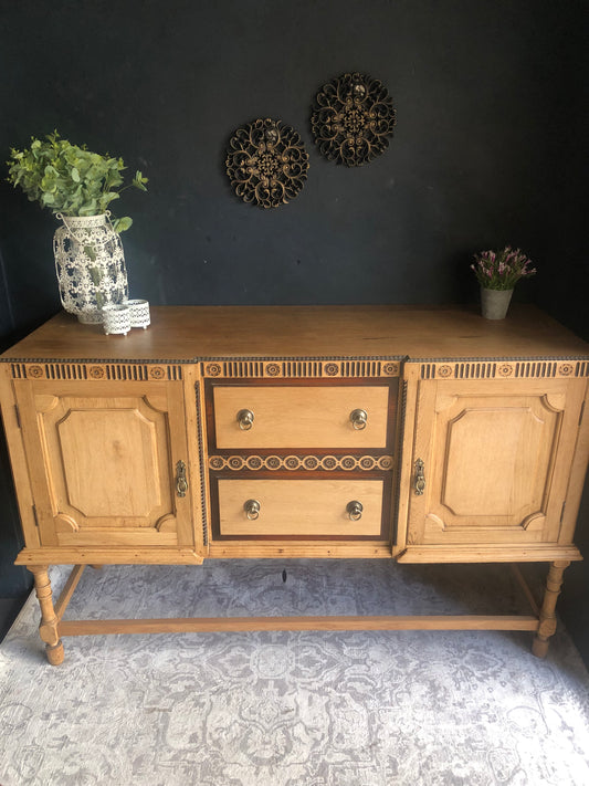 Solid Oak Vintage Sideboard with Carved Detail
