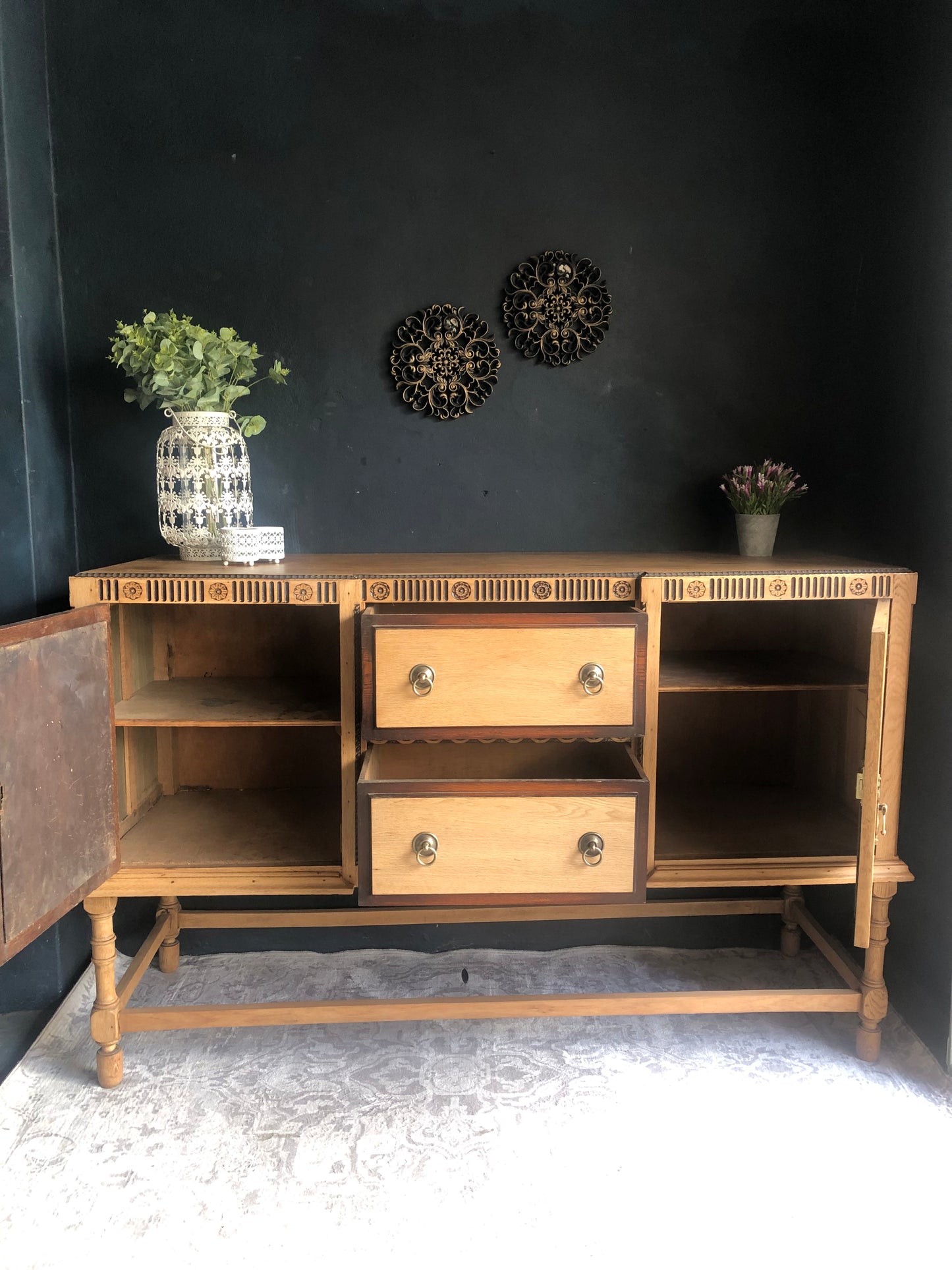 Solid Oak Vintage Sideboard with Carved Detail