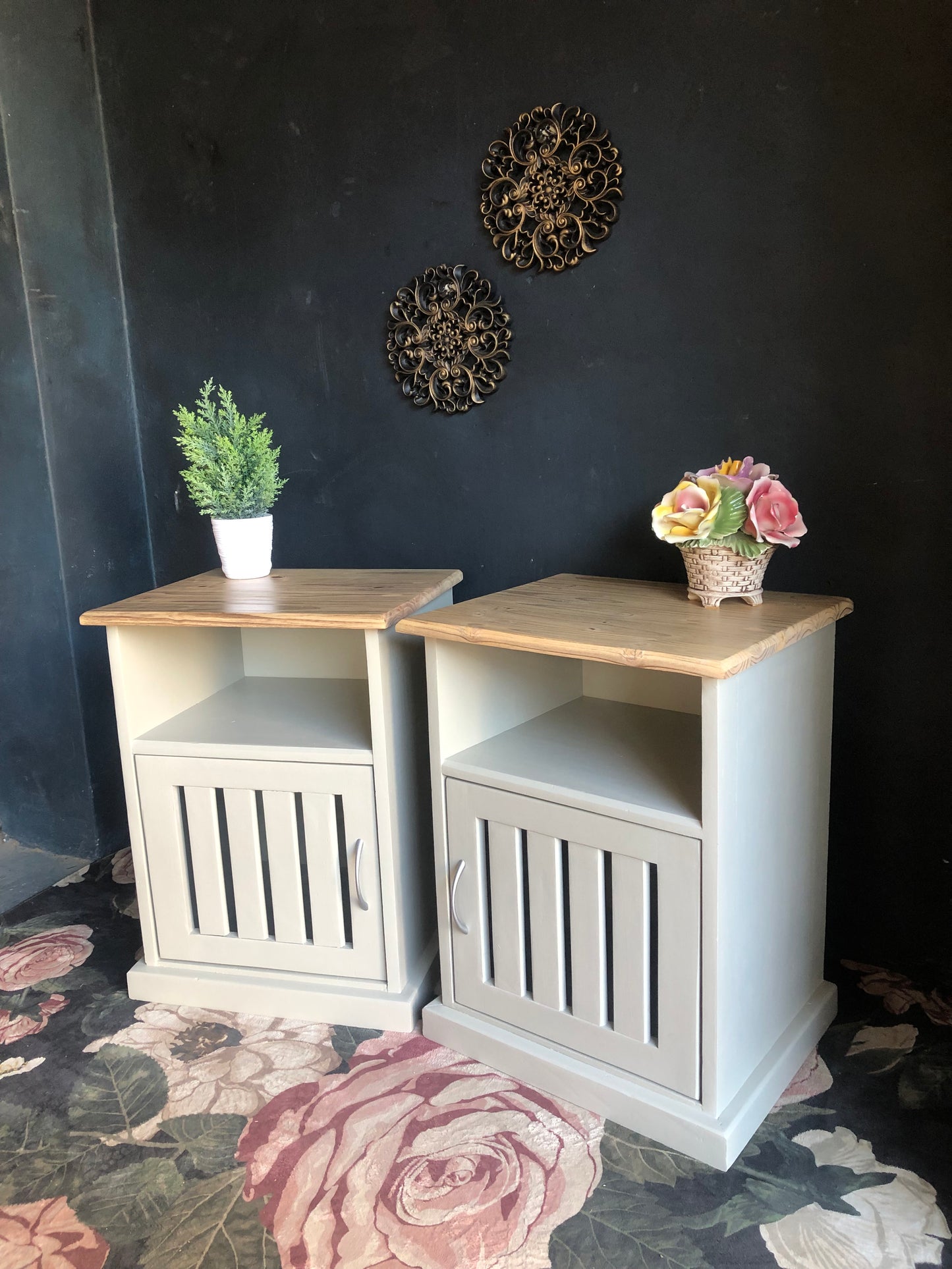Pair of Bedside Tables with Slatted Door Design