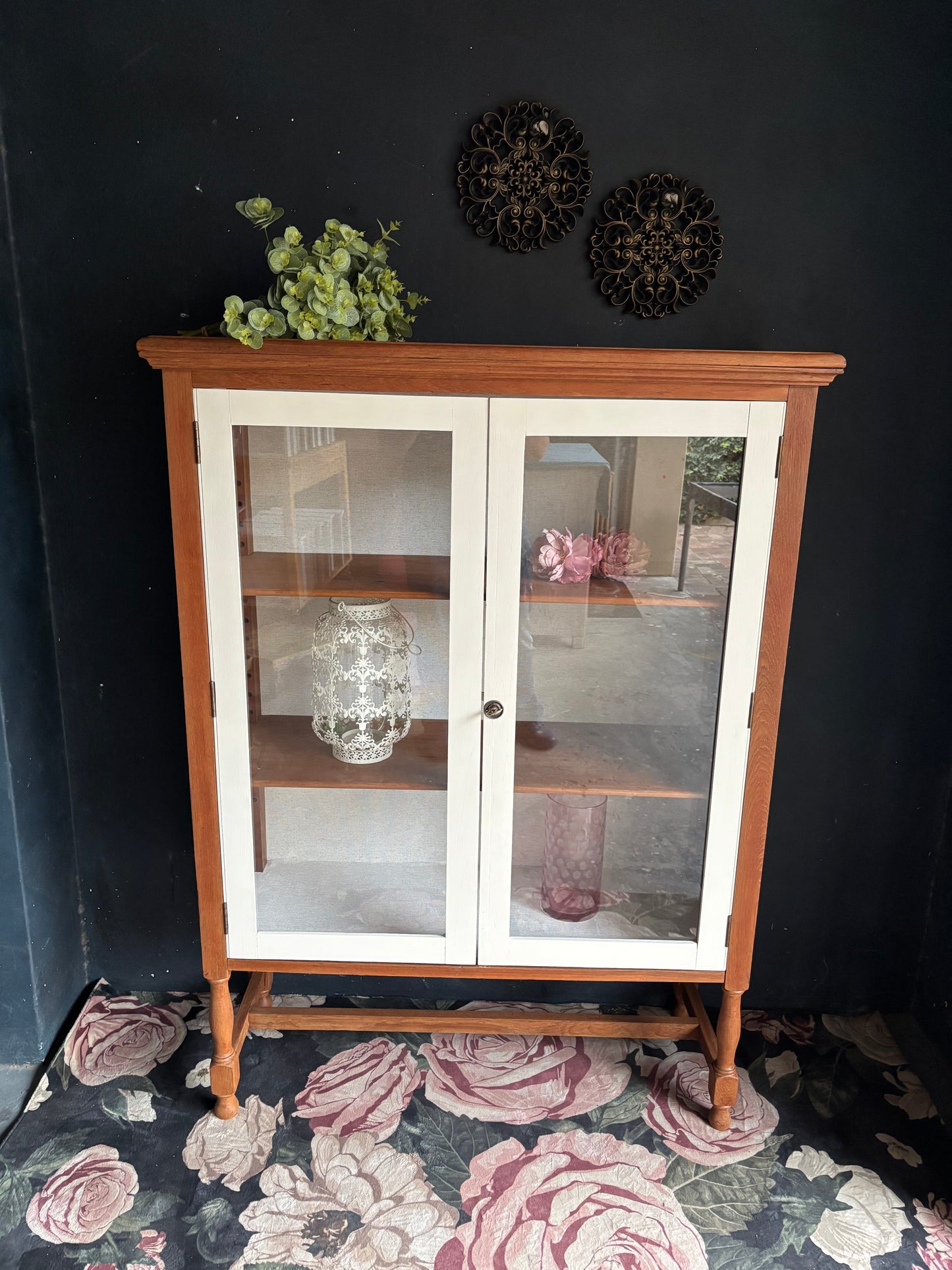 Vintage Teak & Linen Display Cabinet
