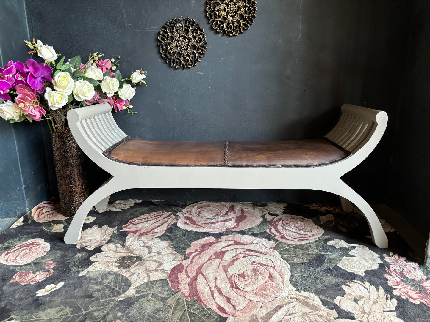 Curved Wooden Bench with Leather Seat