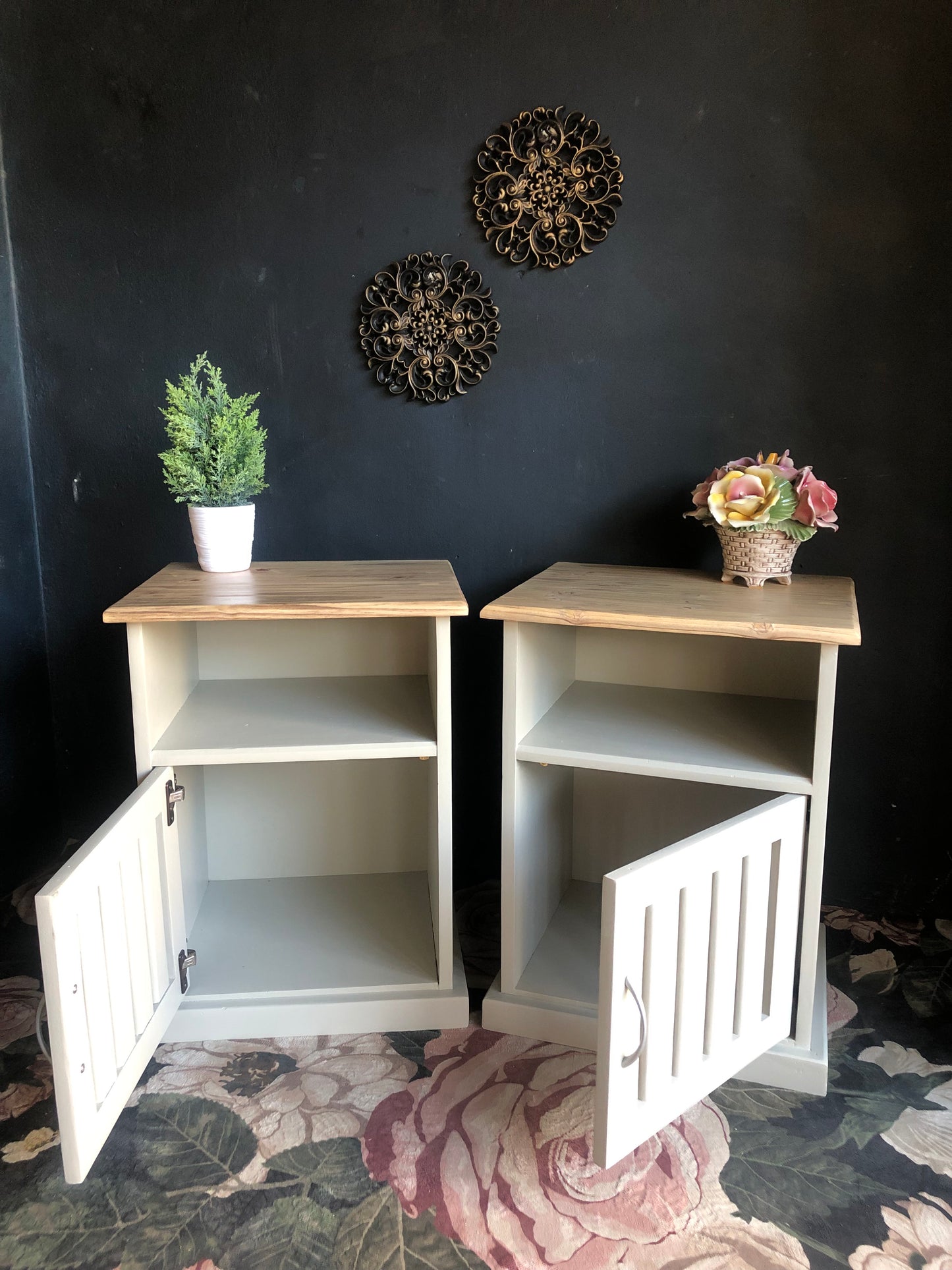Pair of Bedside Tables with Slatted Door Design