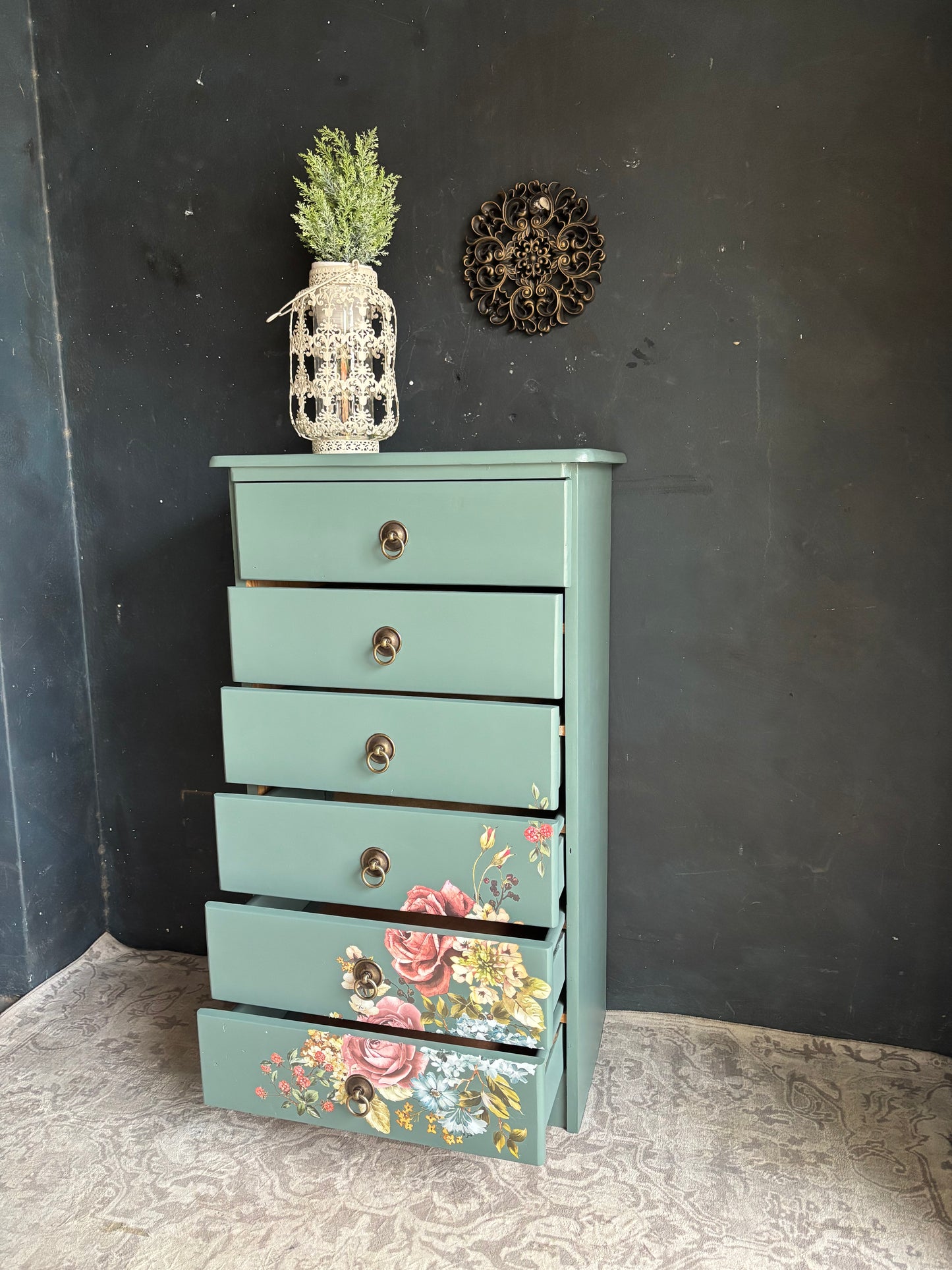 Floral Vibrant Teal Chest of Drawers