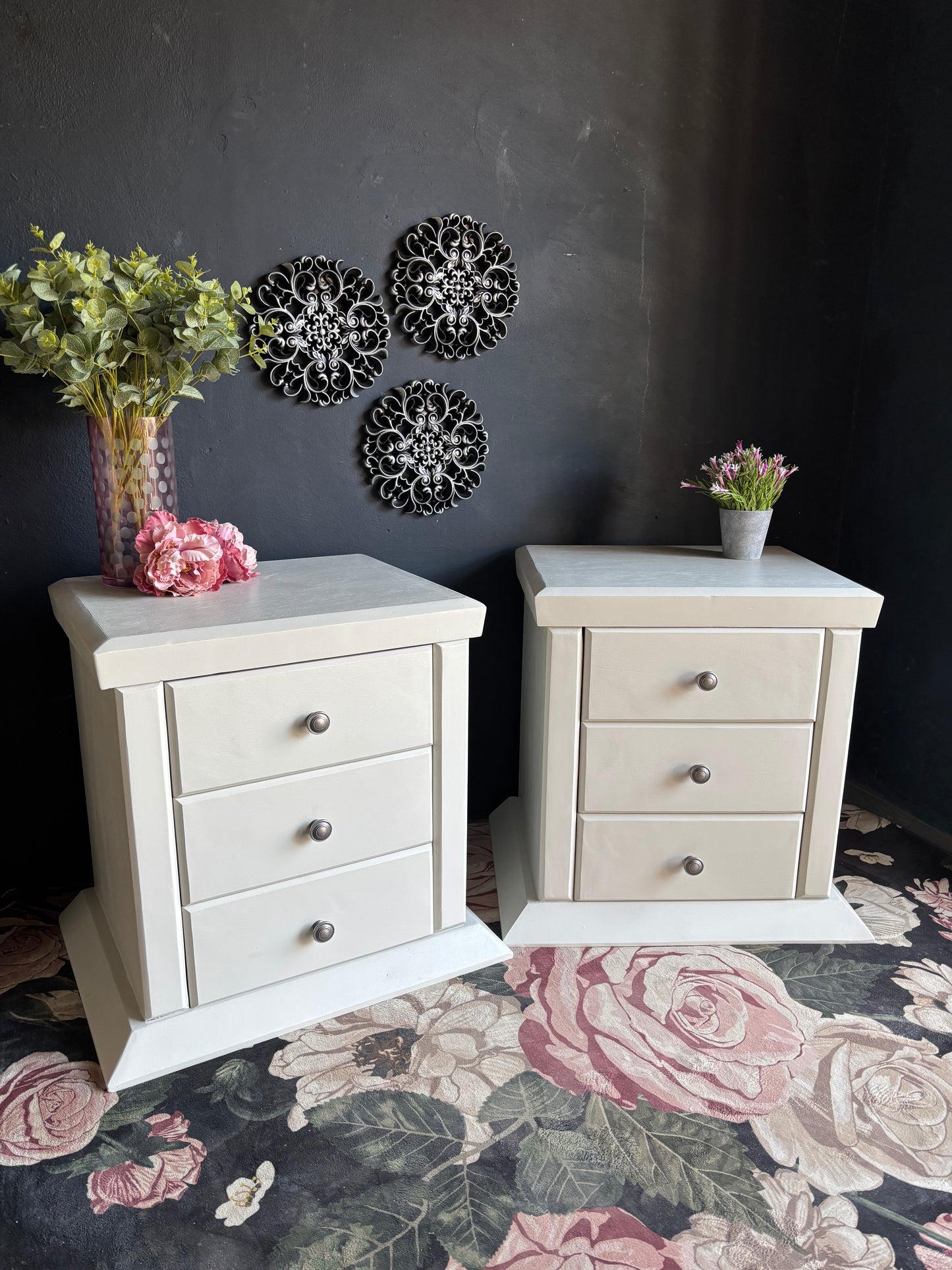 Pair of Soft White Three Drawer Bedside Tables