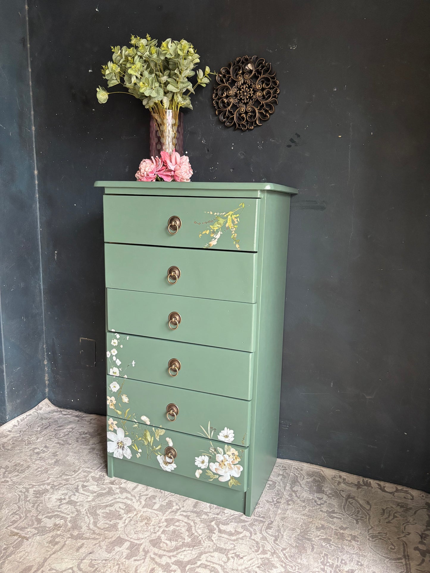 Floral Sage Green Tallboy Chest of Drawers