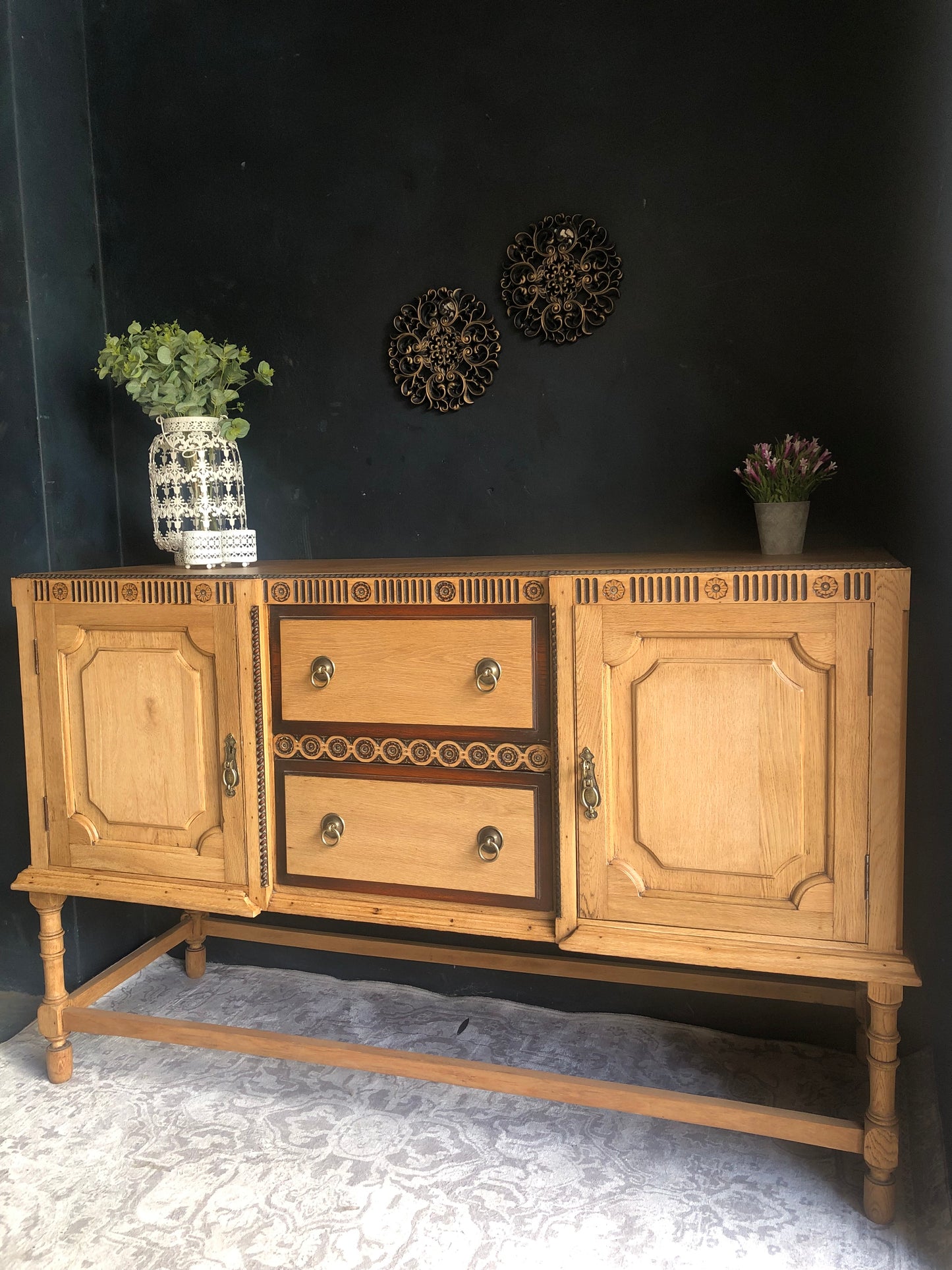 Solid Oak Vintage Sideboard with Carved Detail