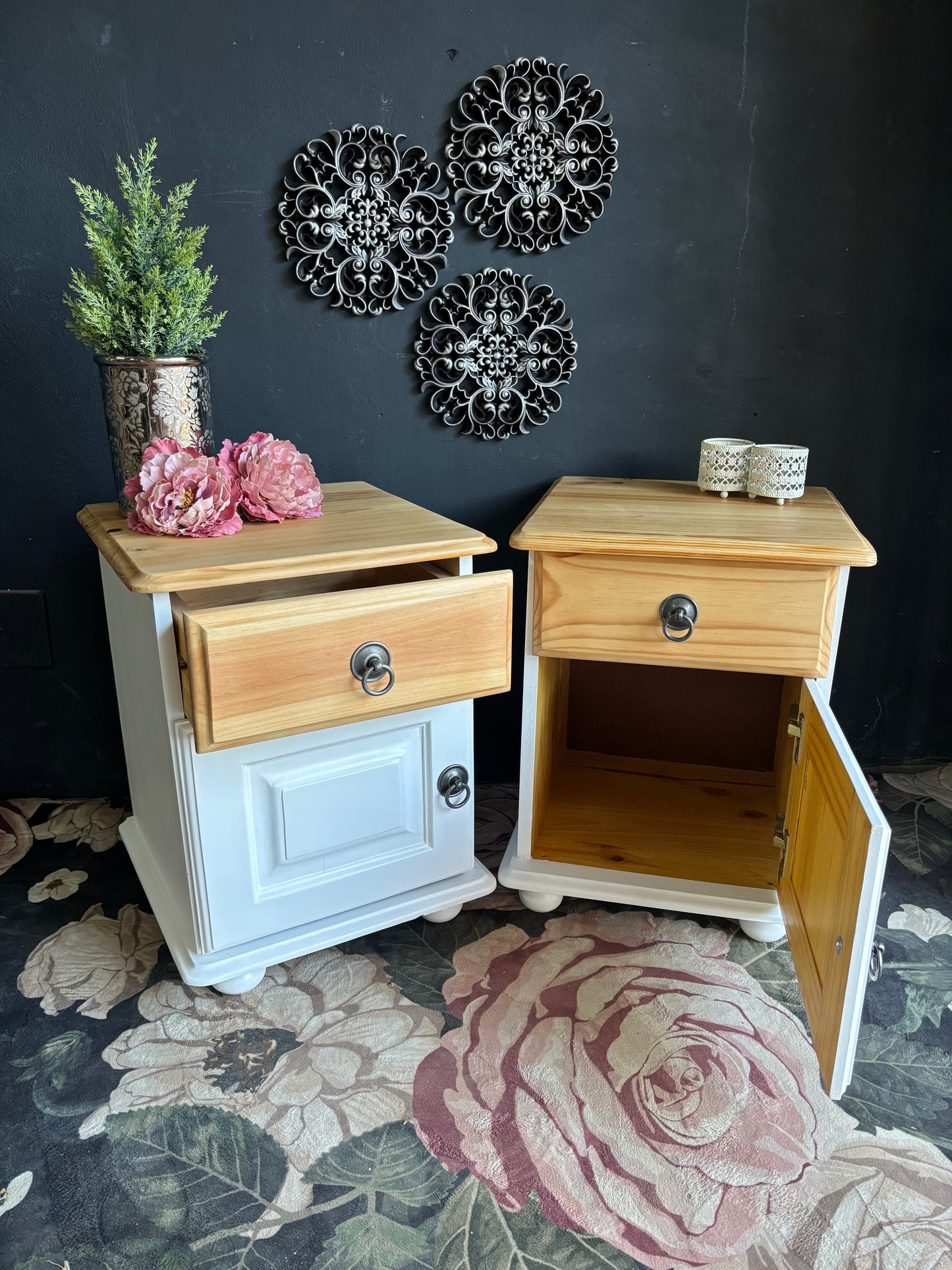 Pair of White & Pine Bedside Tables