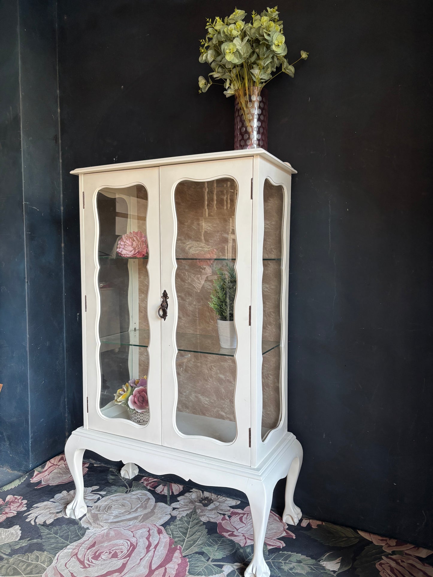 Vintage French Style Cream Glass Display Cabinet