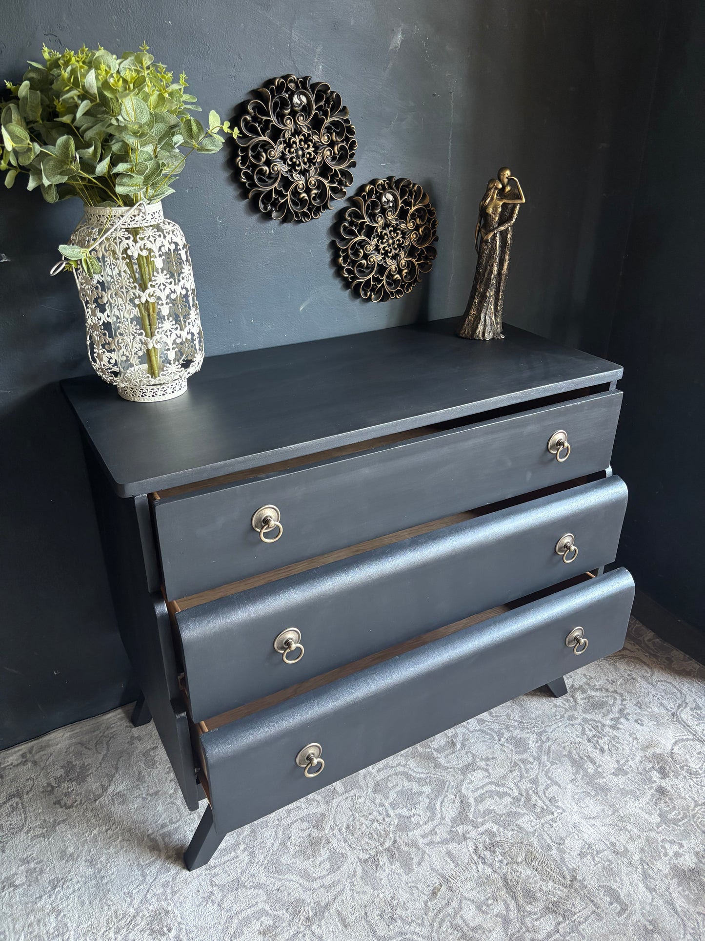 Navy 3 Drawer Chest with Brass Ring Handles