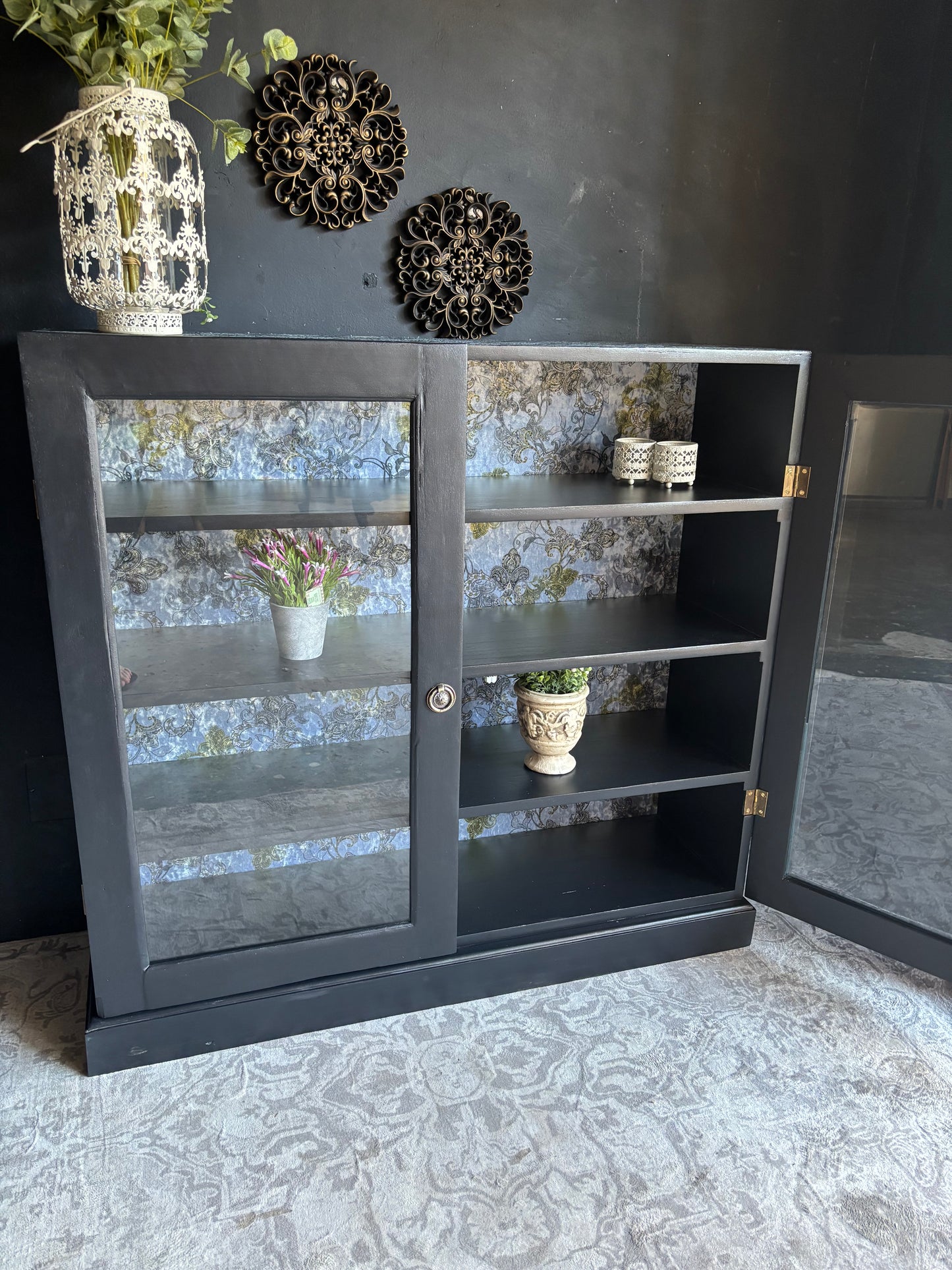 Navy Display Cabinet with Grey Raised Stencil Pattern