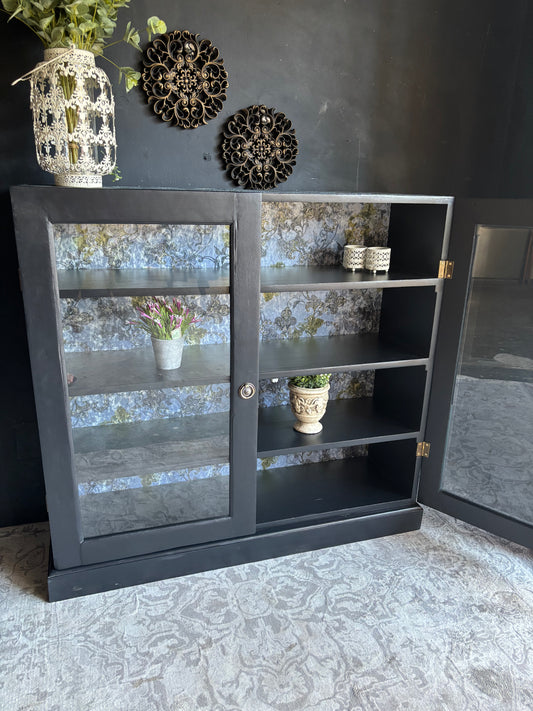 Navy Display Cabinet with Grey Raised Stencil Pattern