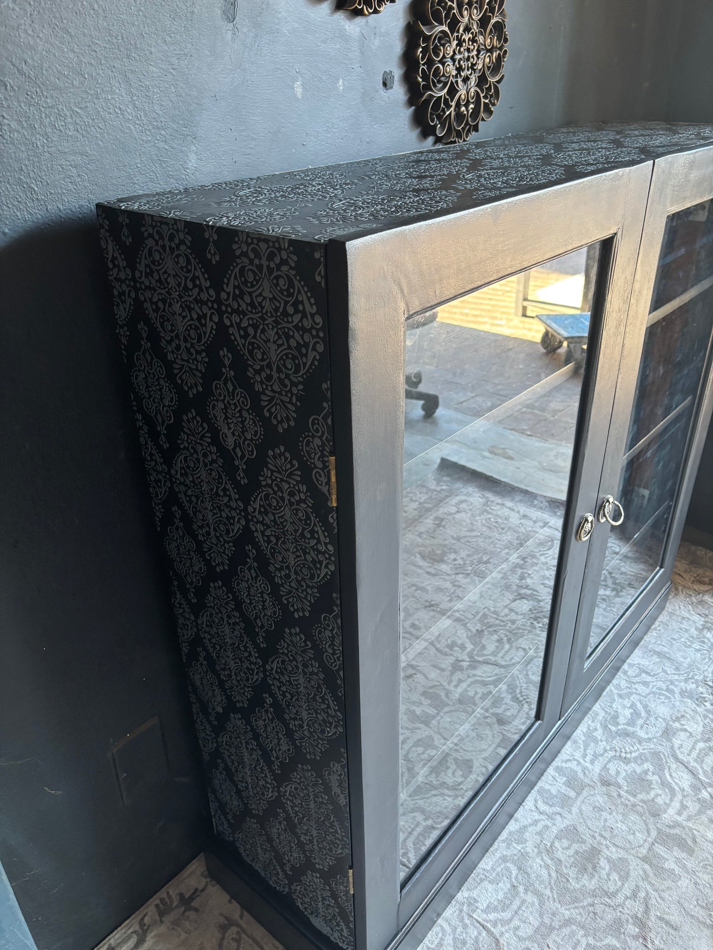 Navy Display Cabinet with Grey Raised Stencil Pattern