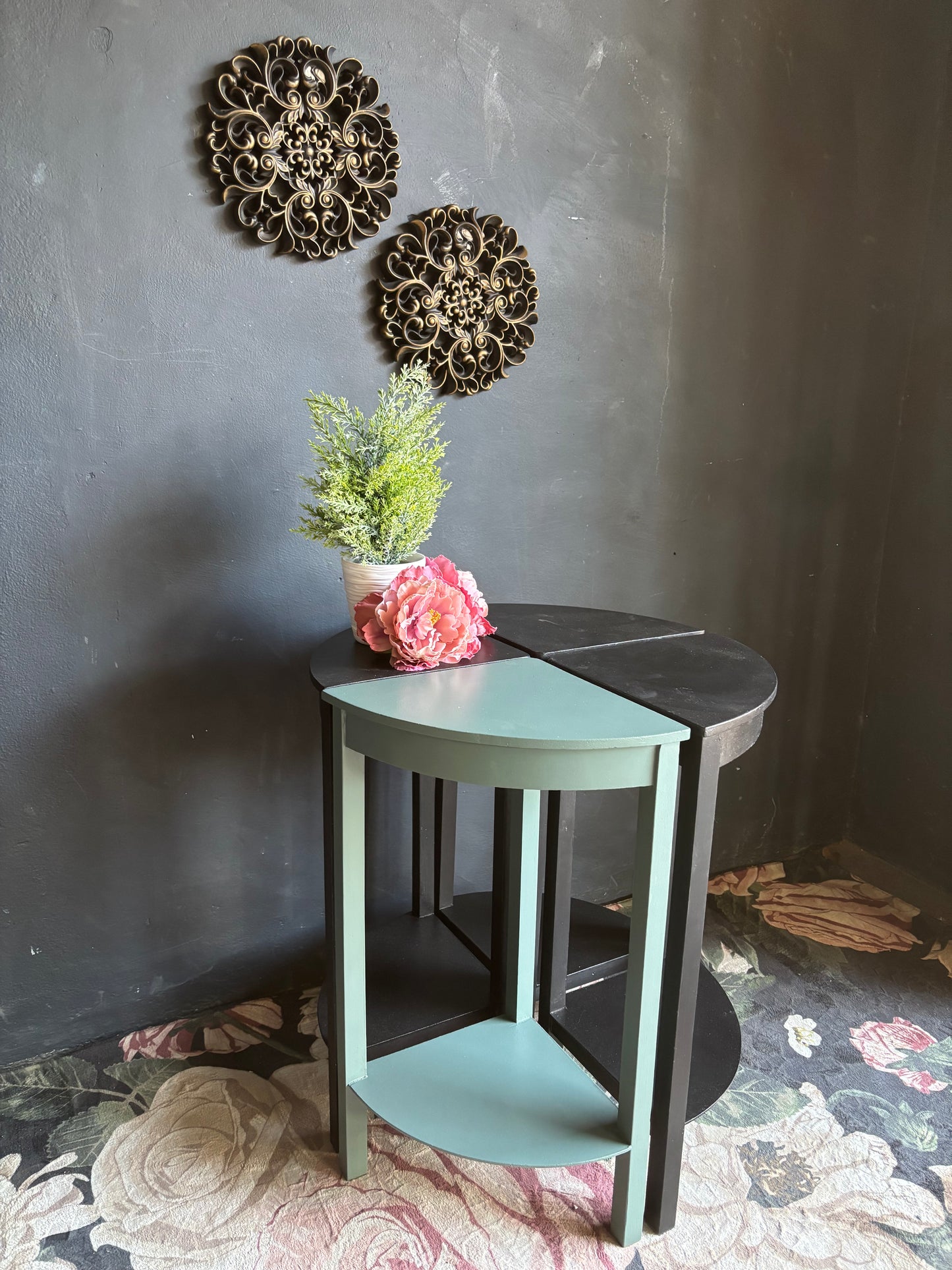 Black and Teal Circular Side Tables (Set of 4)