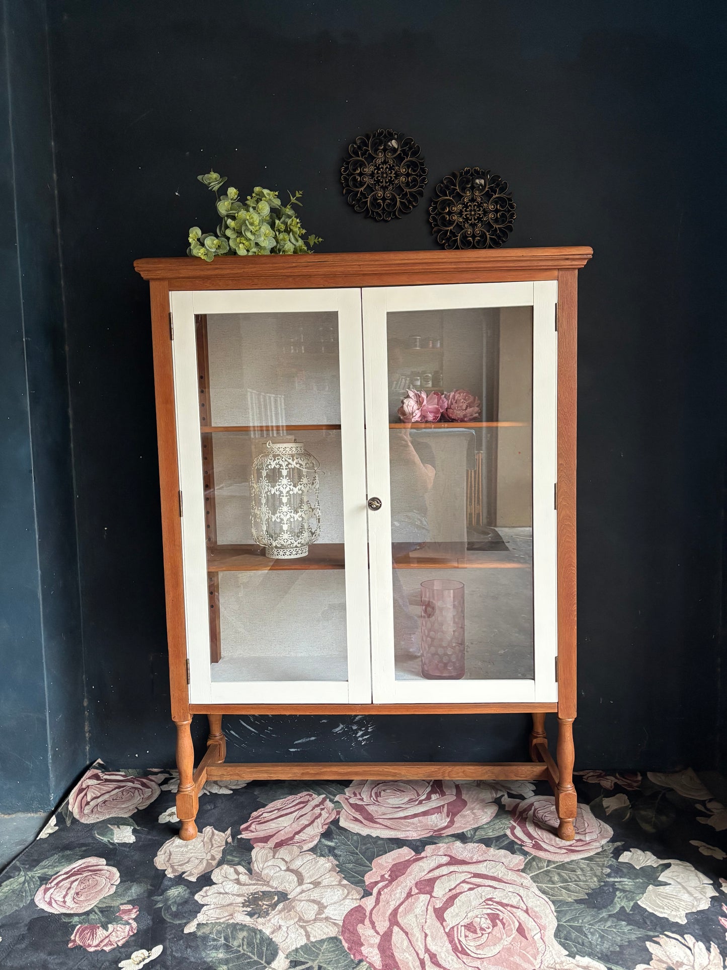 Vintage Teak & Linen Display Cabinet