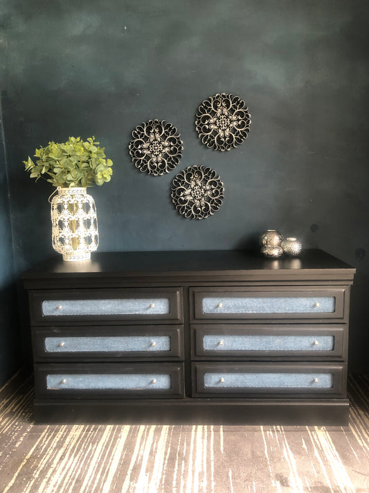 Modern Black Pine Chest of Drawers with Blue Fabric Accents