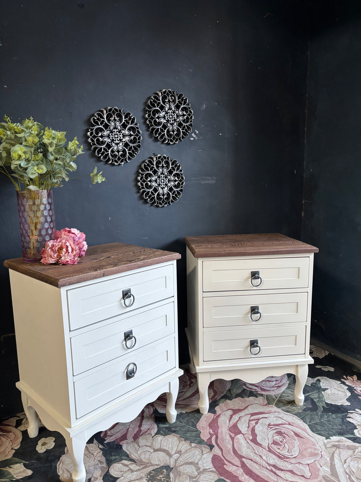 French Provincial Three-Drawer Bedside Tables with Solid Partridge Wood Tops