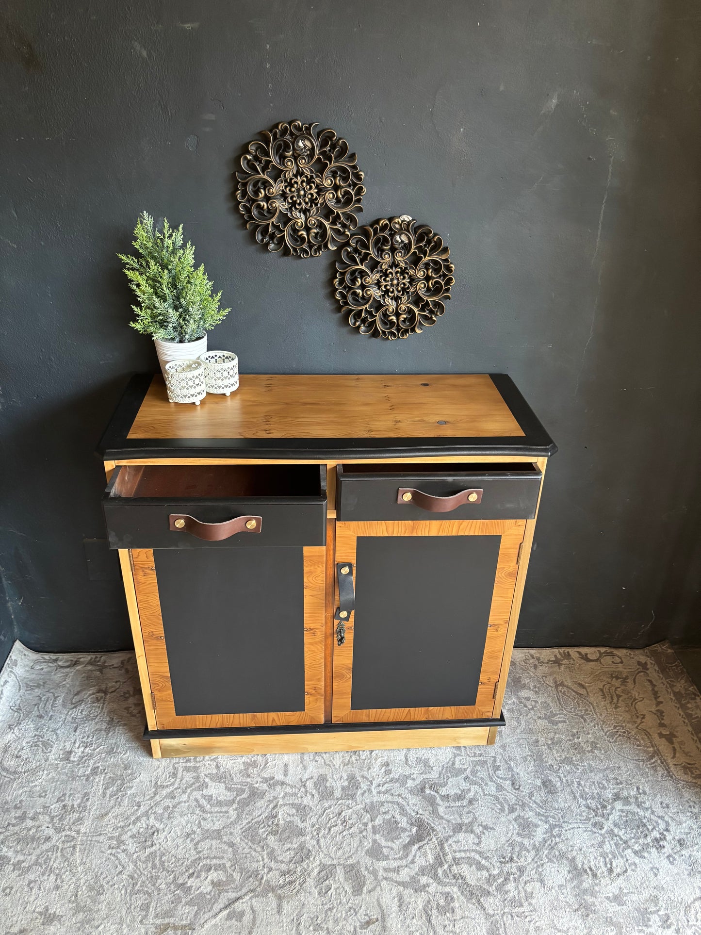 Two-Tone Cabinet with Leather Handles – Rustic Modern Charm