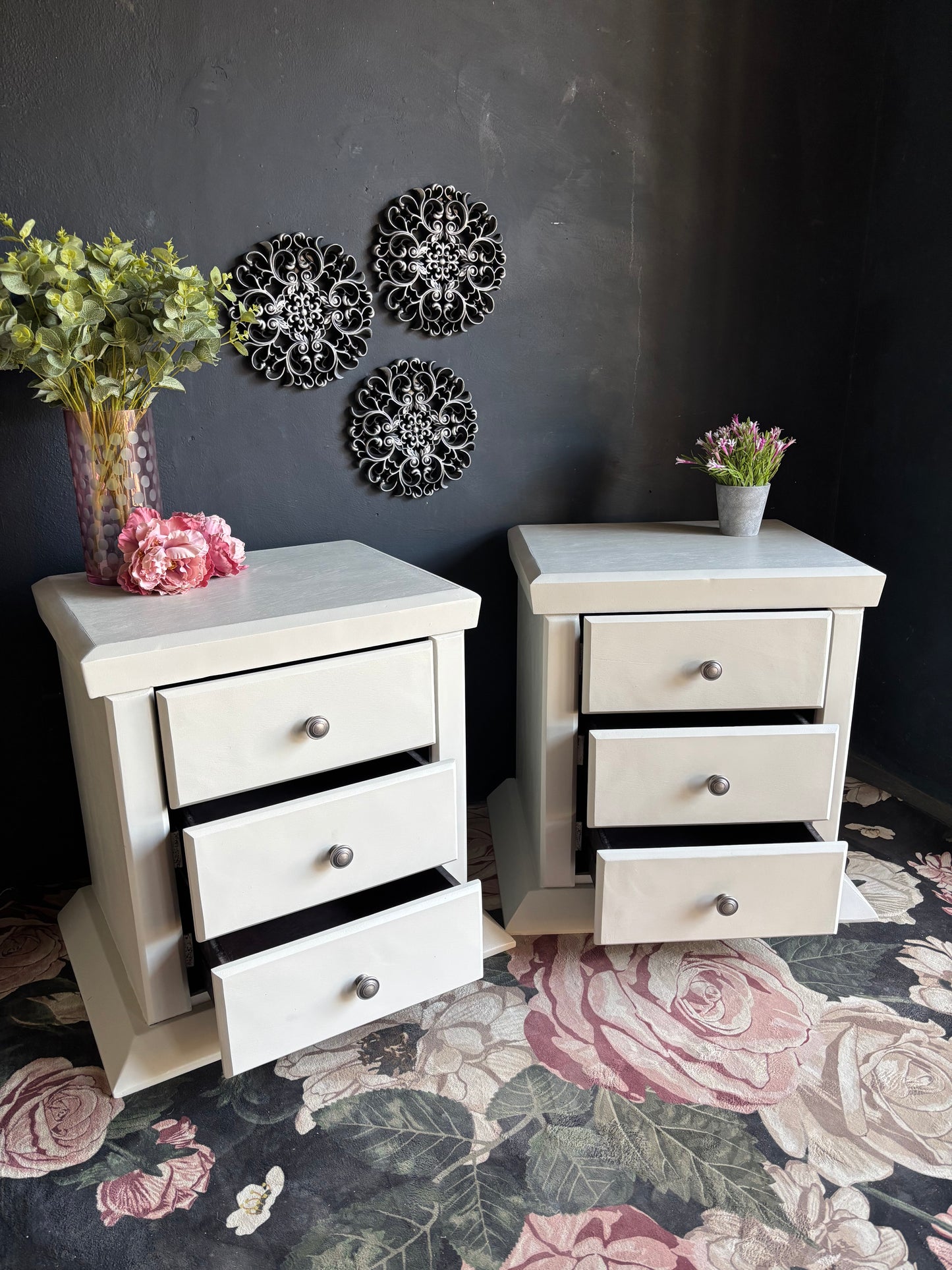 Pair of Soft White Three Drawer Bedside Tables