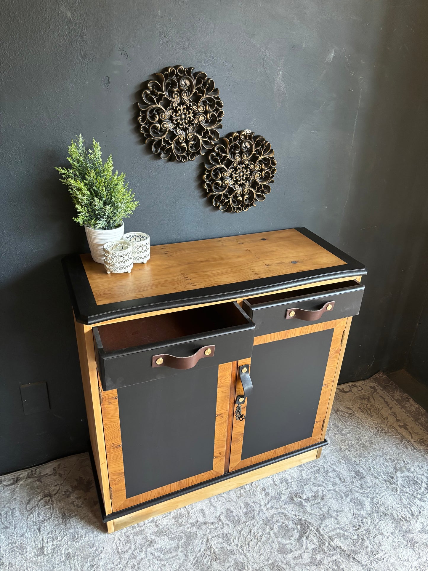 Two-Tone Cabinet with Leather Handles – Rustic Modern Charm