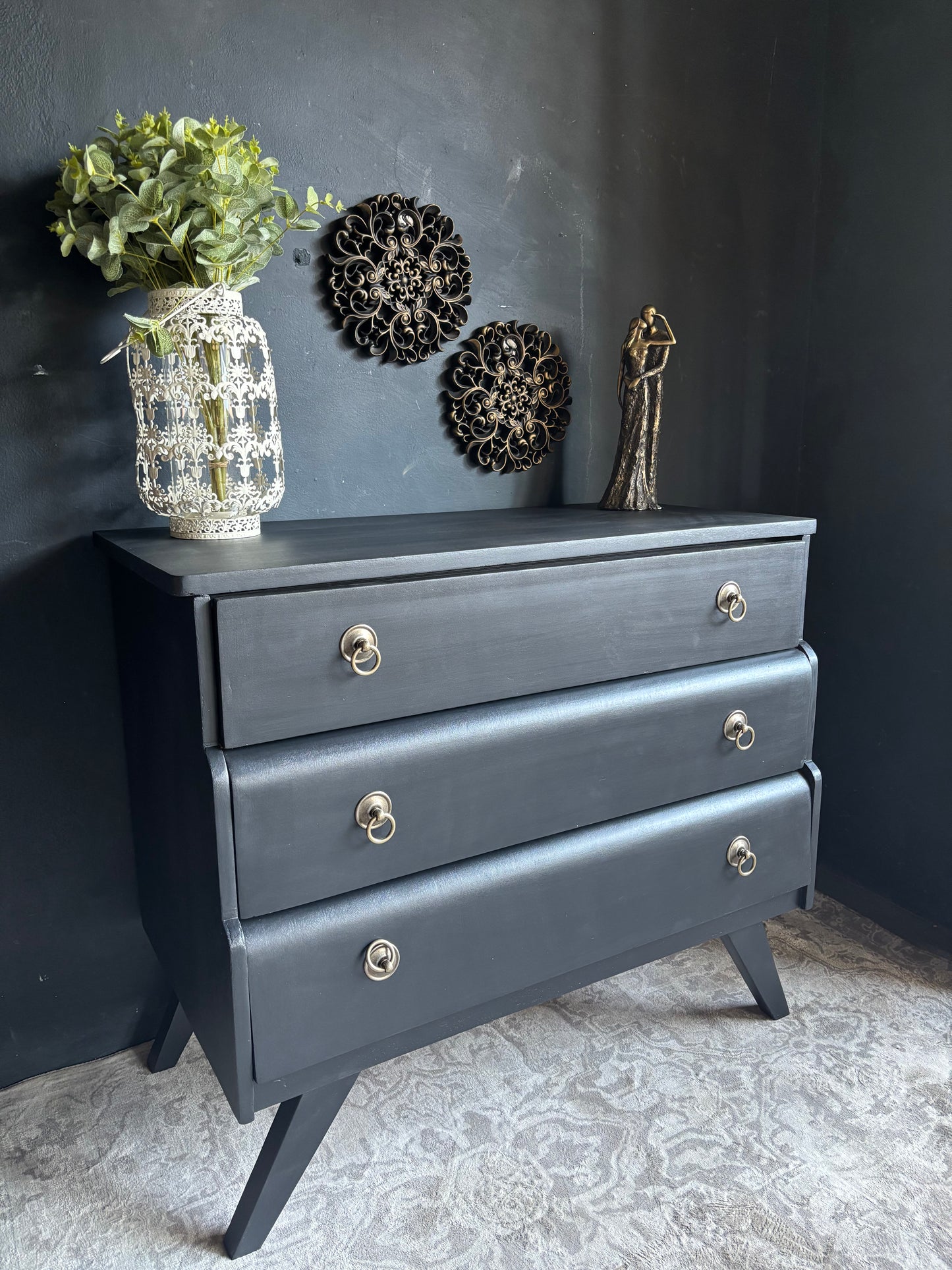 Navy 3 Drawer Chest with Brass Ring Handles