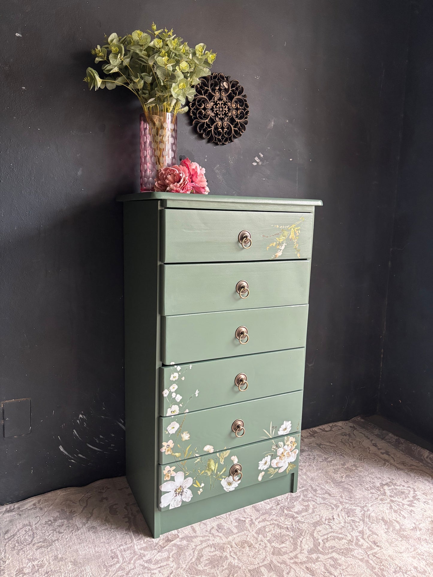 Floral Sage Green Tallboy Chest of Drawers