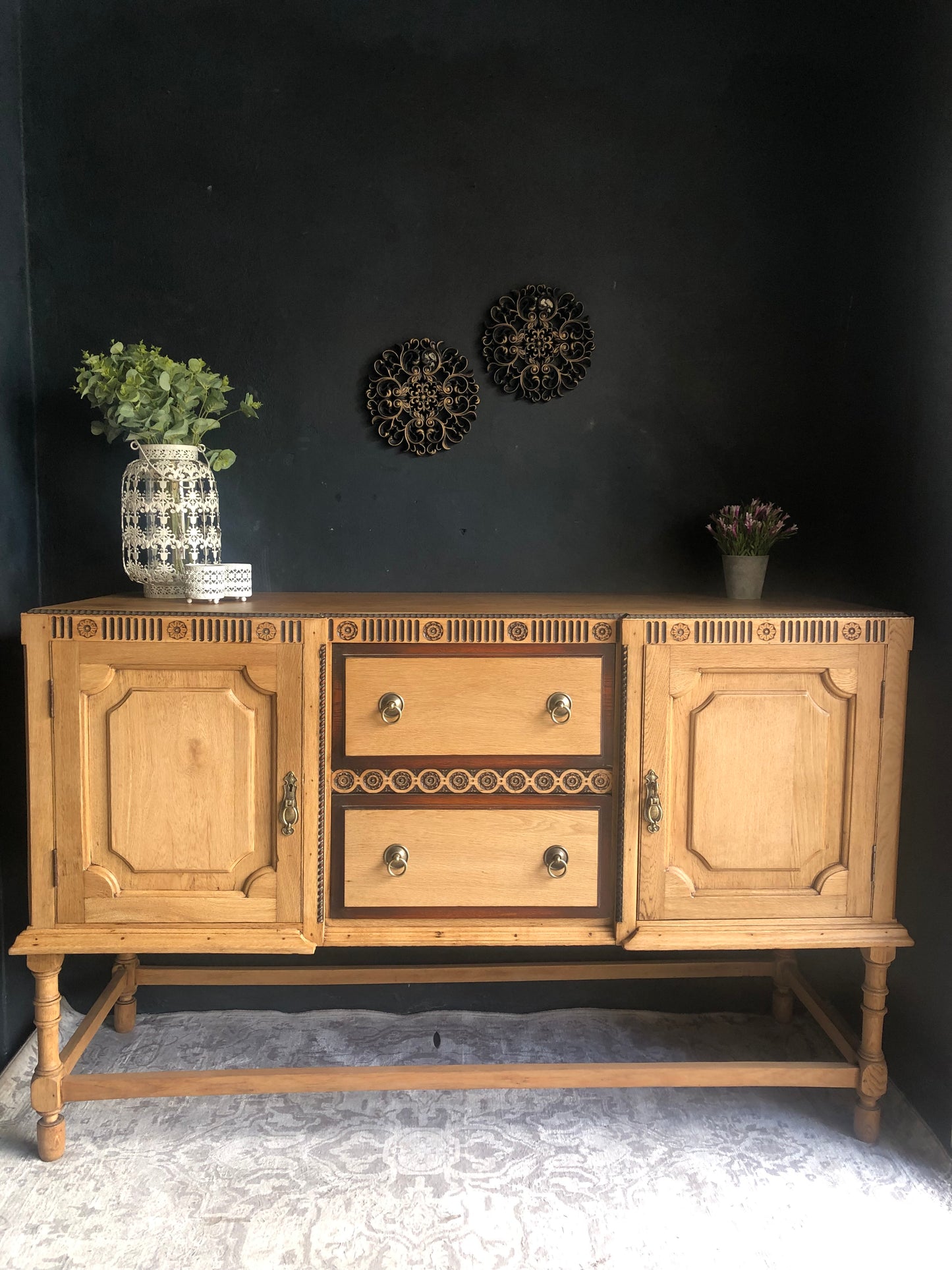 Solid Oak Vintage Sideboard with Carved Detail