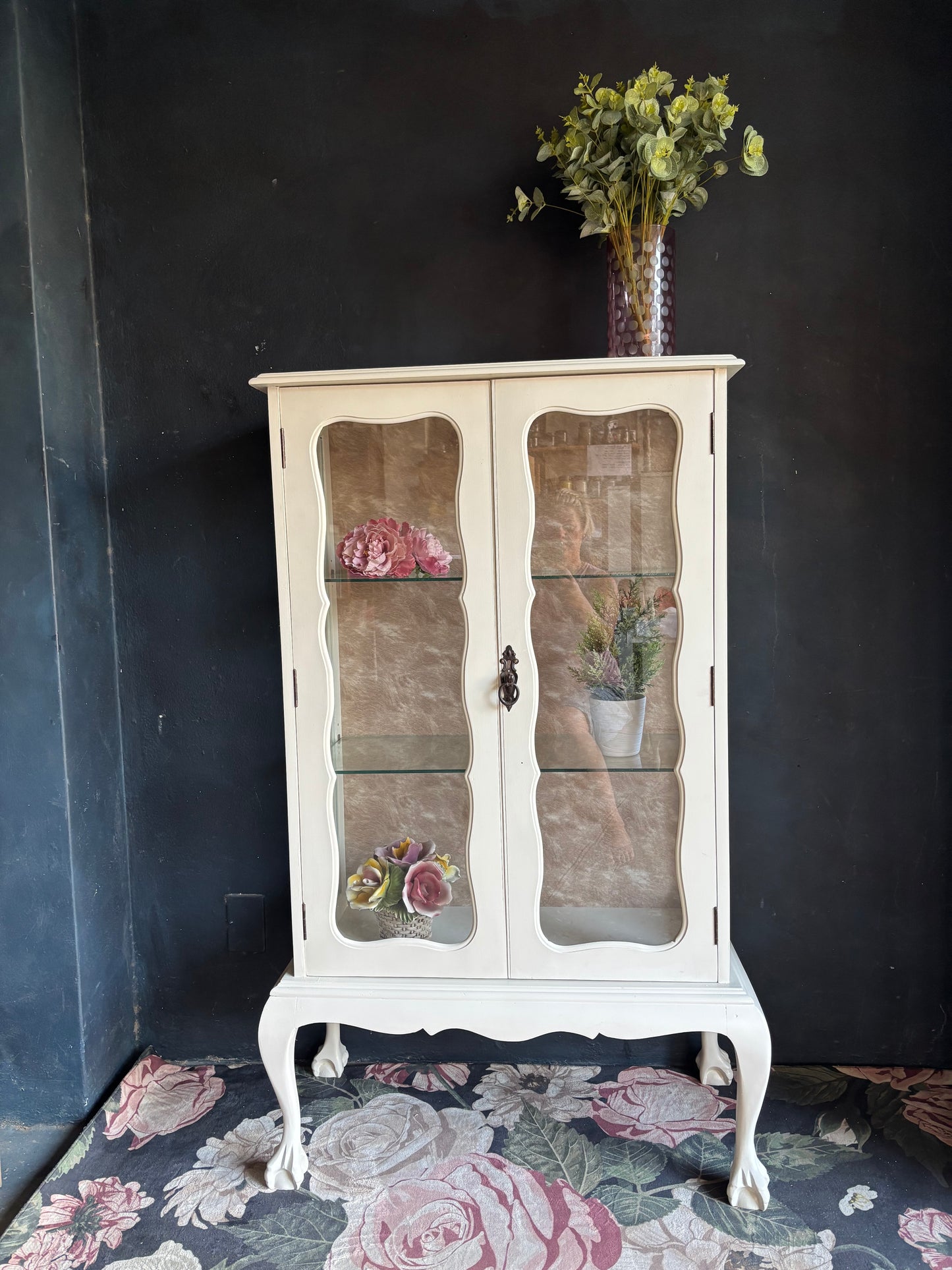 Vintage French Style Cream Glass Display Cabinet